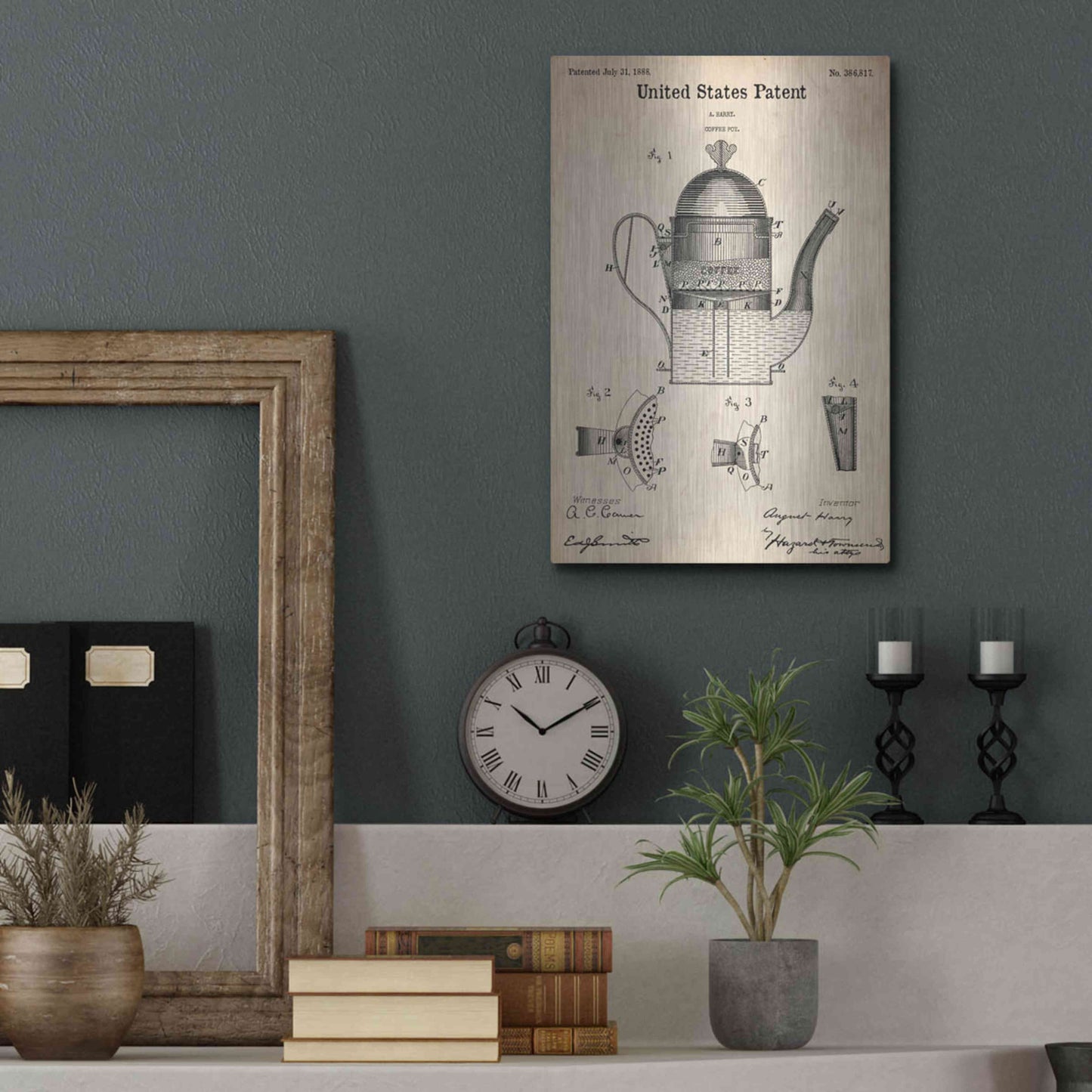 Luxe Metal Art 'Coffee Pot Blueprint Patent Parchment,' Metal Wall Art,12x16