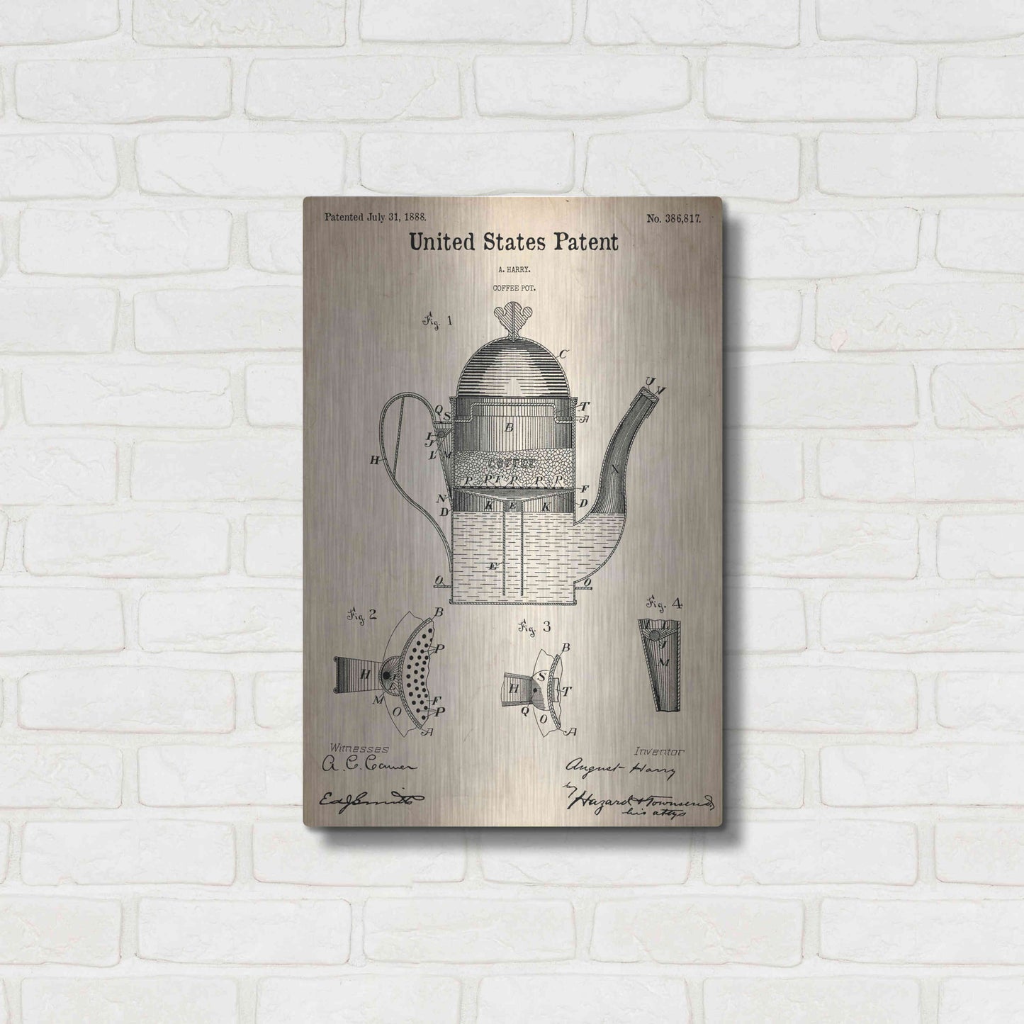 Luxe Metal Art 'Coffee Pot Blueprint Patent Parchment,' Metal Wall Art,16x24