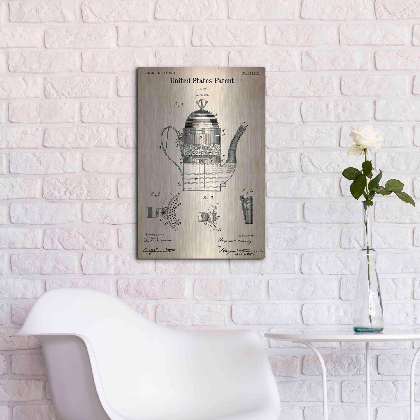 Luxe Metal Art 'Coffee Pot Blueprint Patent Parchment,' Metal Wall Art,16x24