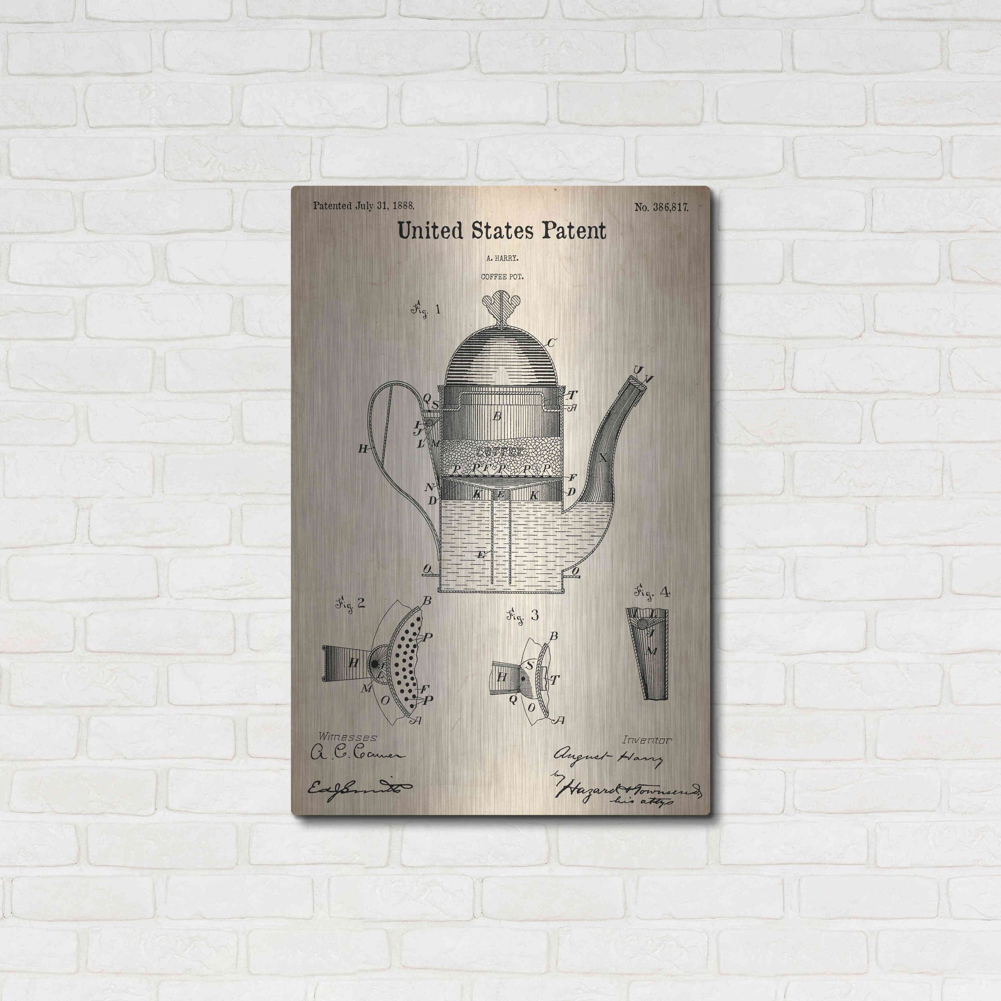 Luxe Metal Art 'Coffee Pot Blueprint Patent Parchment,' Metal Wall Art,24x36