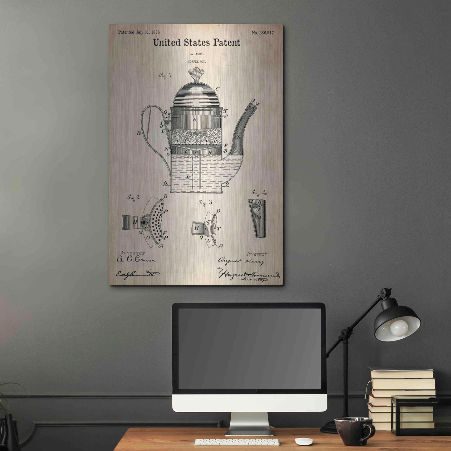 Luxe Metal Art 'Coffee Pot Blueprint Patent Parchment,' Metal Wall Art,24x36