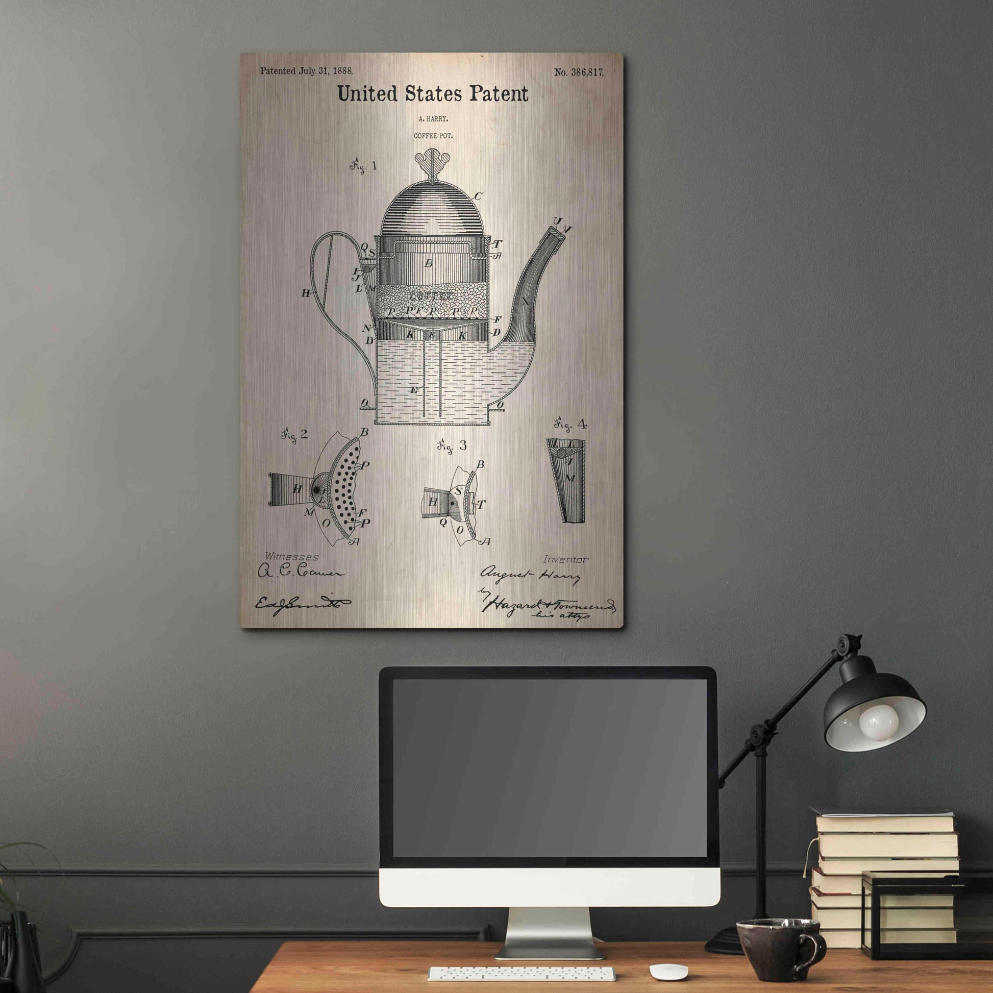 Luxe Metal Art 'Coffee Pot Blueprint Patent Parchment,' Metal Wall Art,24x36