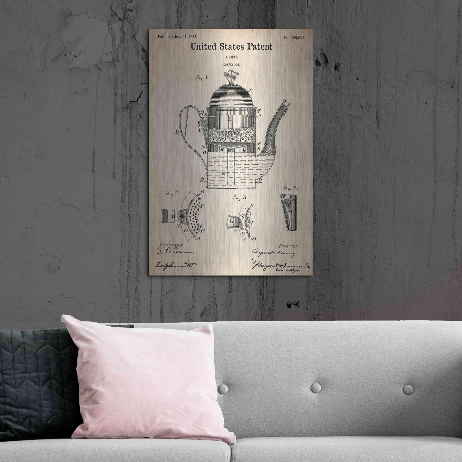 Luxe Metal Art 'Coffee Pot Blueprint Patent Parchment,' Metal Wall Art,24x36