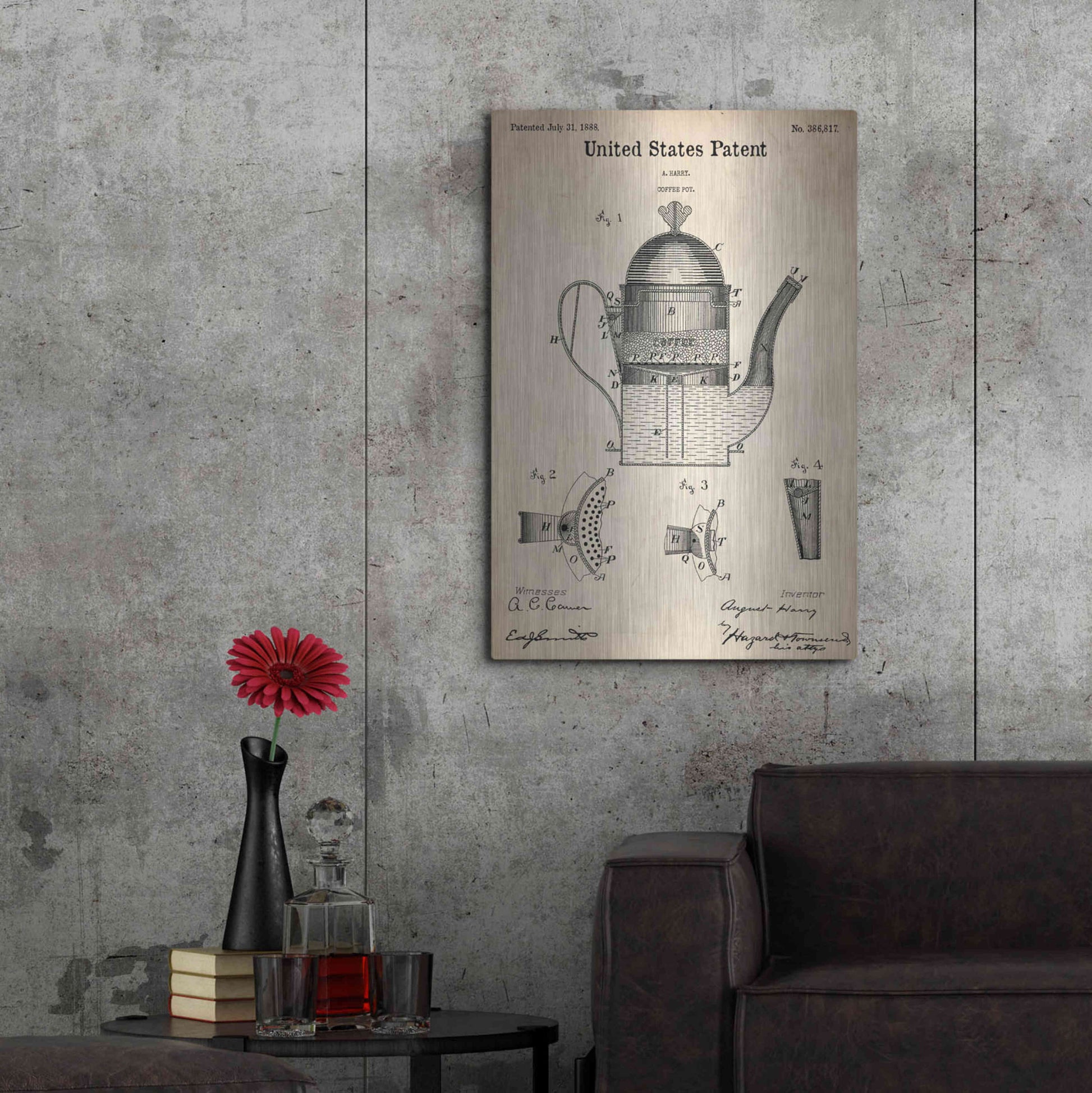 Luxe Metal Art 'Coffee Pot Blueprint Patent Parchment,' Metal Wall Art,24x36