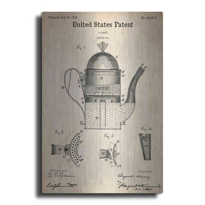 Luxe Metal Art 'Coffee Pot Blueprint Patent Parchment,' Metal Wall Art