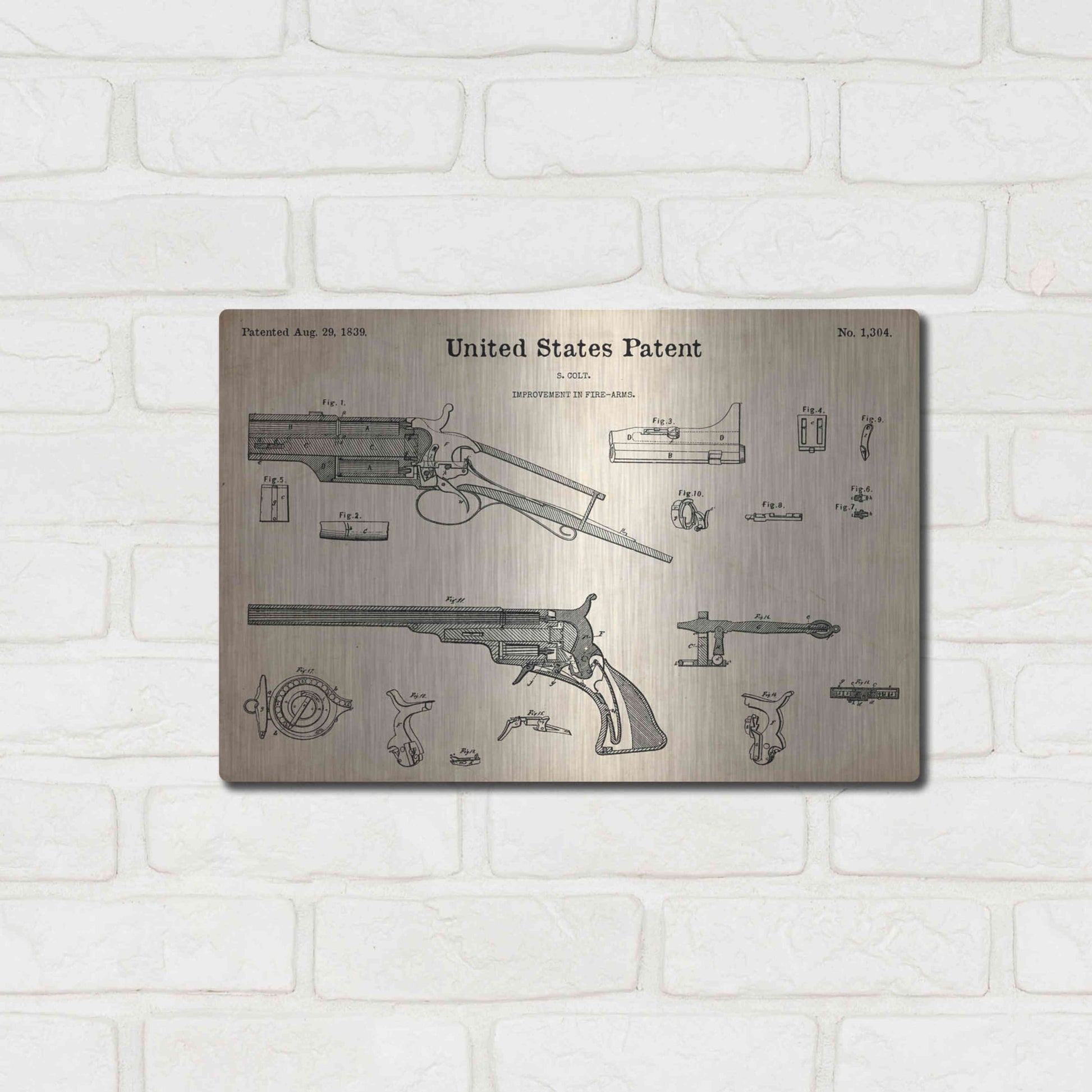 Luxe Metal Art 'Colt Revolver Blueprint Patent Parchment,' Metal Wall Art,16x12