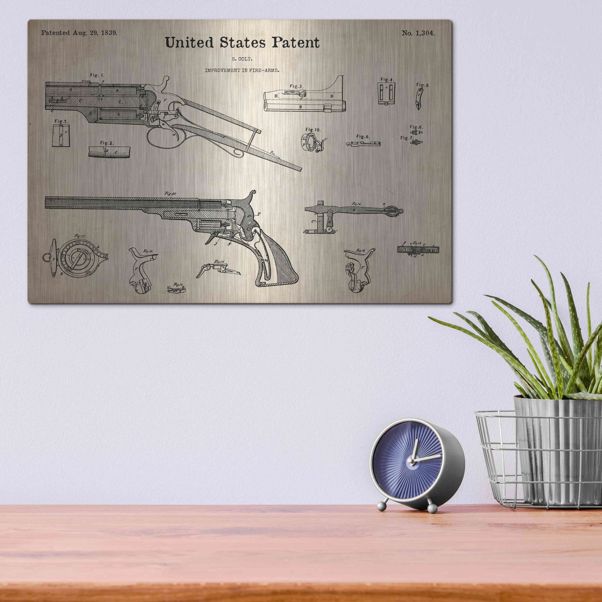 Luxe Metal Art 'Colt Revolver Blueprint Patent Parchment,' Metal Wall Art,16x12