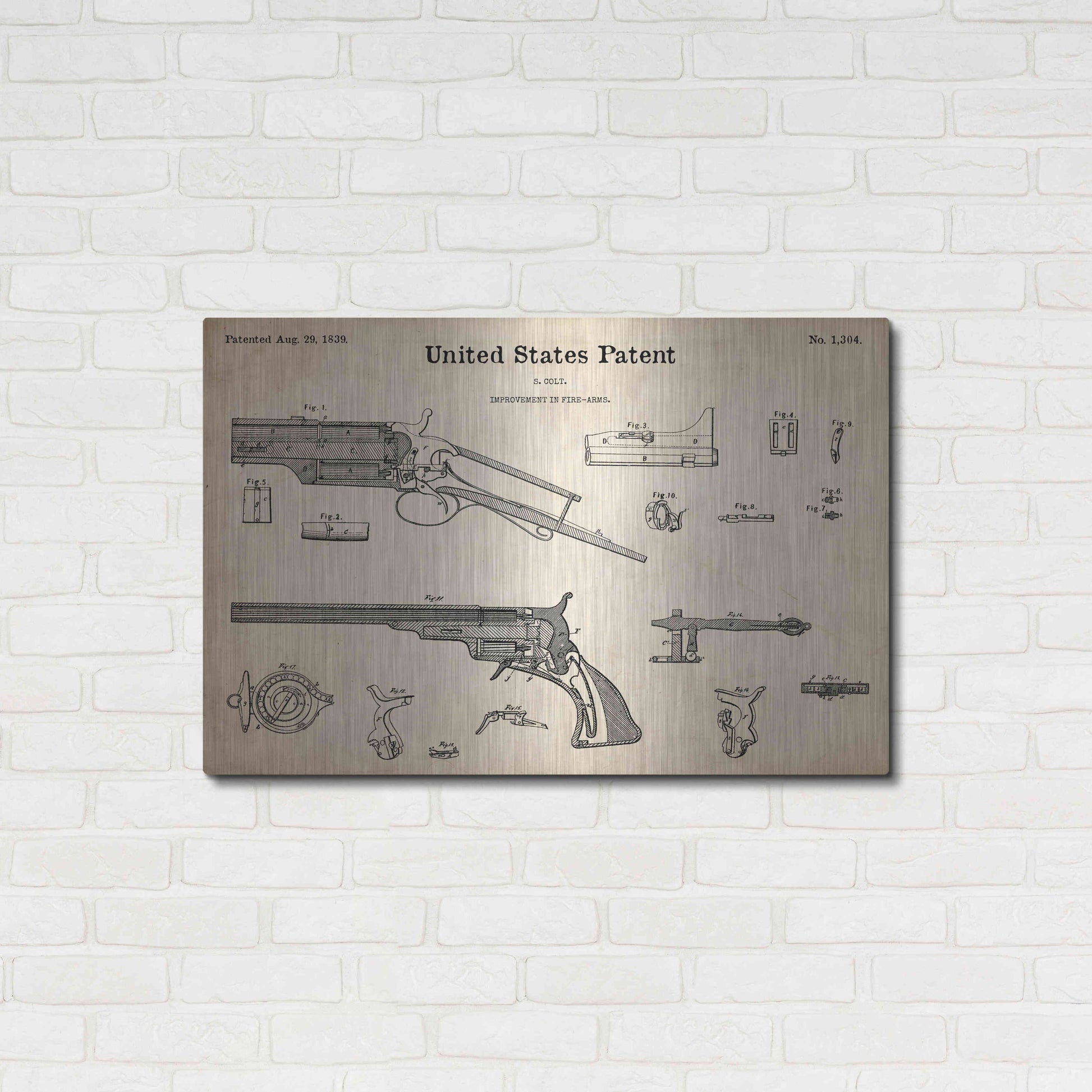 Luxe Metal Art 'Colt Revolver Blueprint Patent Parchment,' Metal Wall Art,36x24