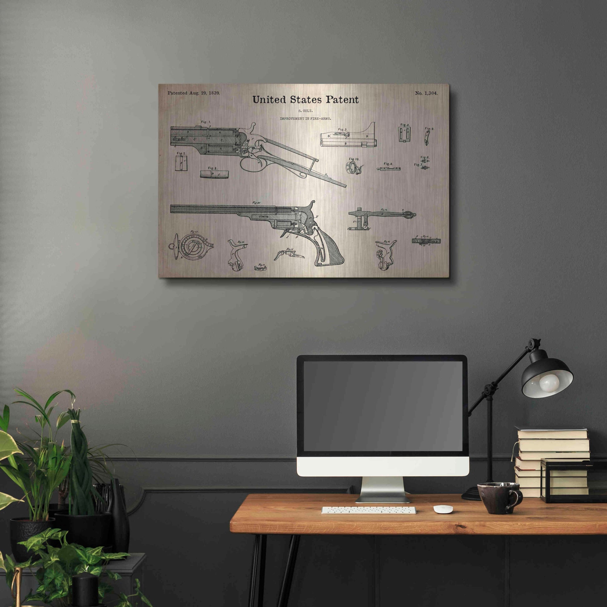 Luxe Metal Art 'Colt Revolver Blueprint Patent Parchment,' Metal Wall Art,36x24