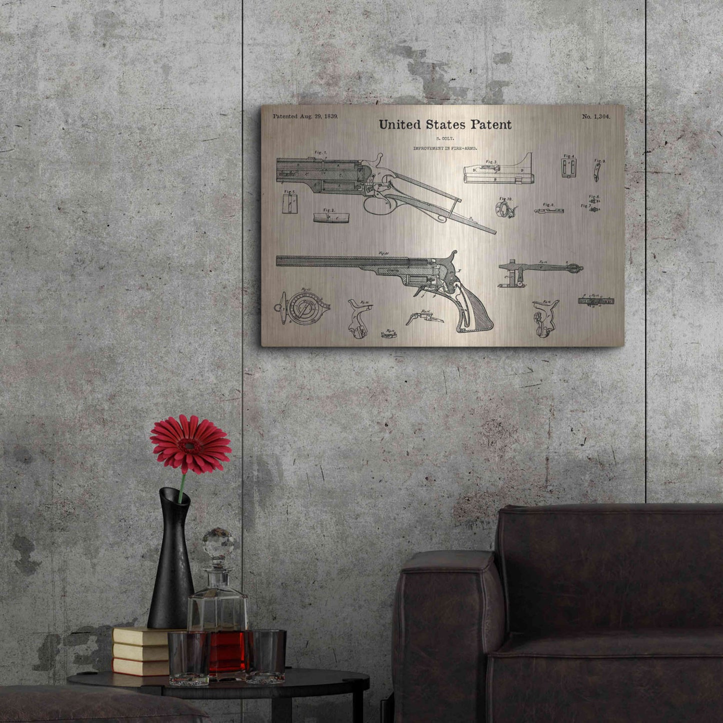 Luxe Metal Art 'Colt Revolver Blueprint Patent Parchment,' Metal Wall Art,36x24