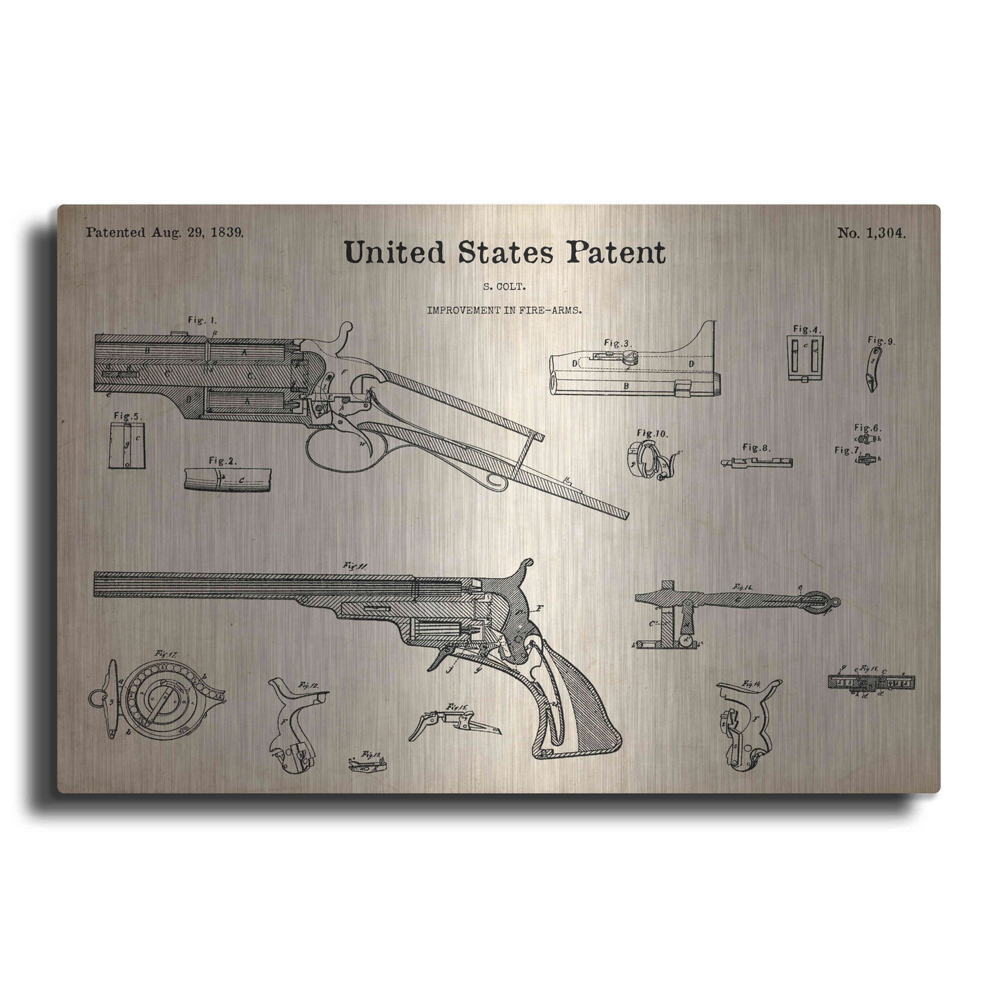 Luxe Metal Art 'Colt Revolver Blueprint Patent Parchment,' Metal Wall Art