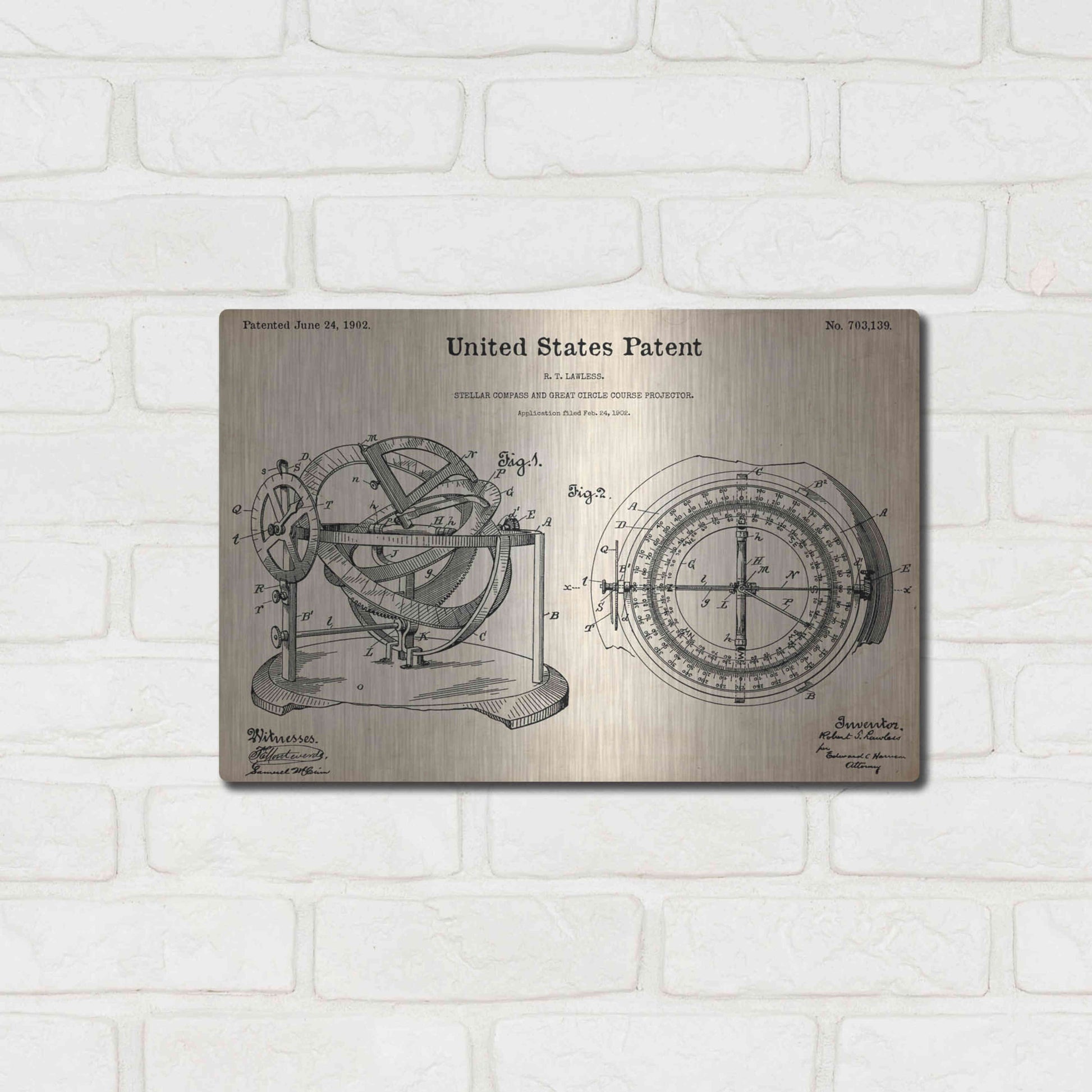 Luxe Metal Art 'Stellar Compass Blueprint Patent Parchment,' Metal Wall Art,16x12