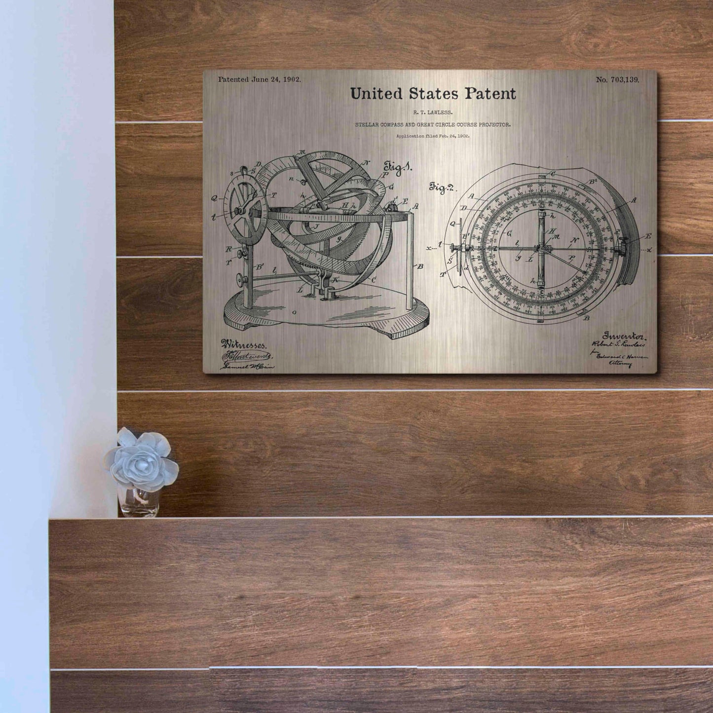 Luxe Metal Art 'Stellar Compass Blueprint Patent Parchment,' Metal Wall Art,16x12