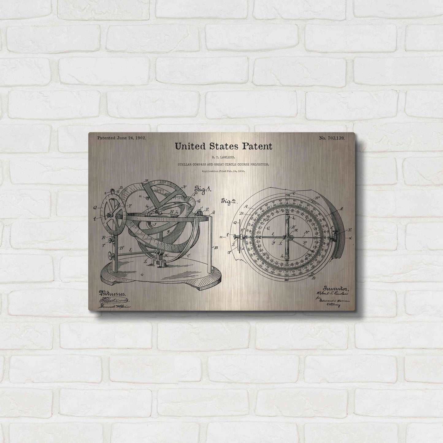 Luxe Metal Art 'Stellar Compass Blueprint Patent Parchment,' Metal Wall Art,24x16