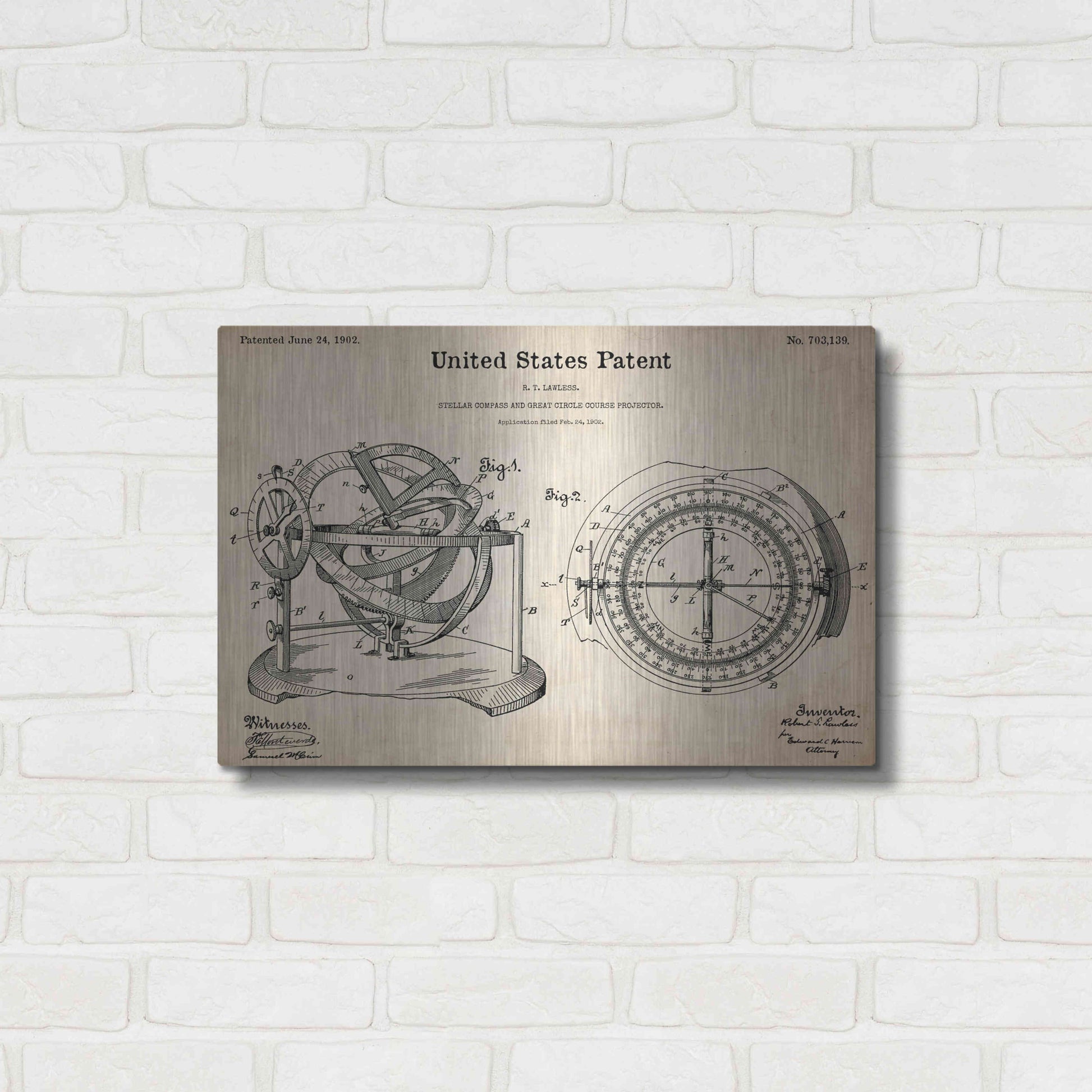 Luxe Metal Art 'Stellar Compass Blueprint Patent Parchment,' Metal Wall Art,24x16