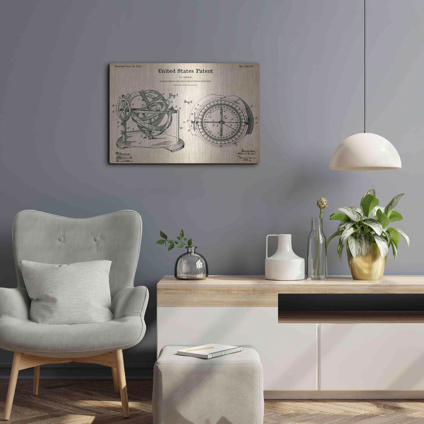 Luxe Metal Art 'Stellar Compass Blueprint Patent Parchment,' Metal Wall Art,24x16