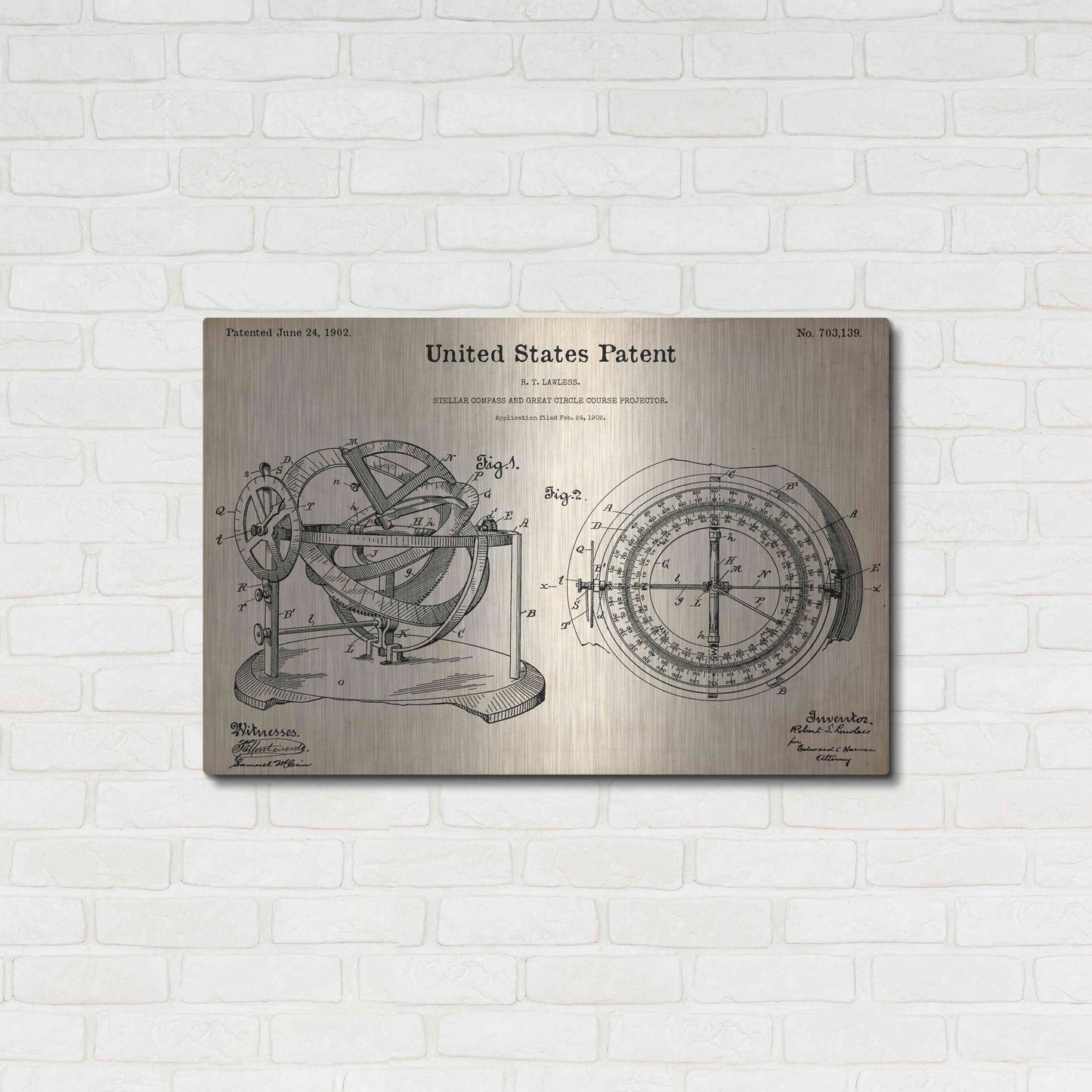 Luxe Metal Art 'Stellar Compass Blueprint Patent Parchment,' Metal Wall Art,36x24
