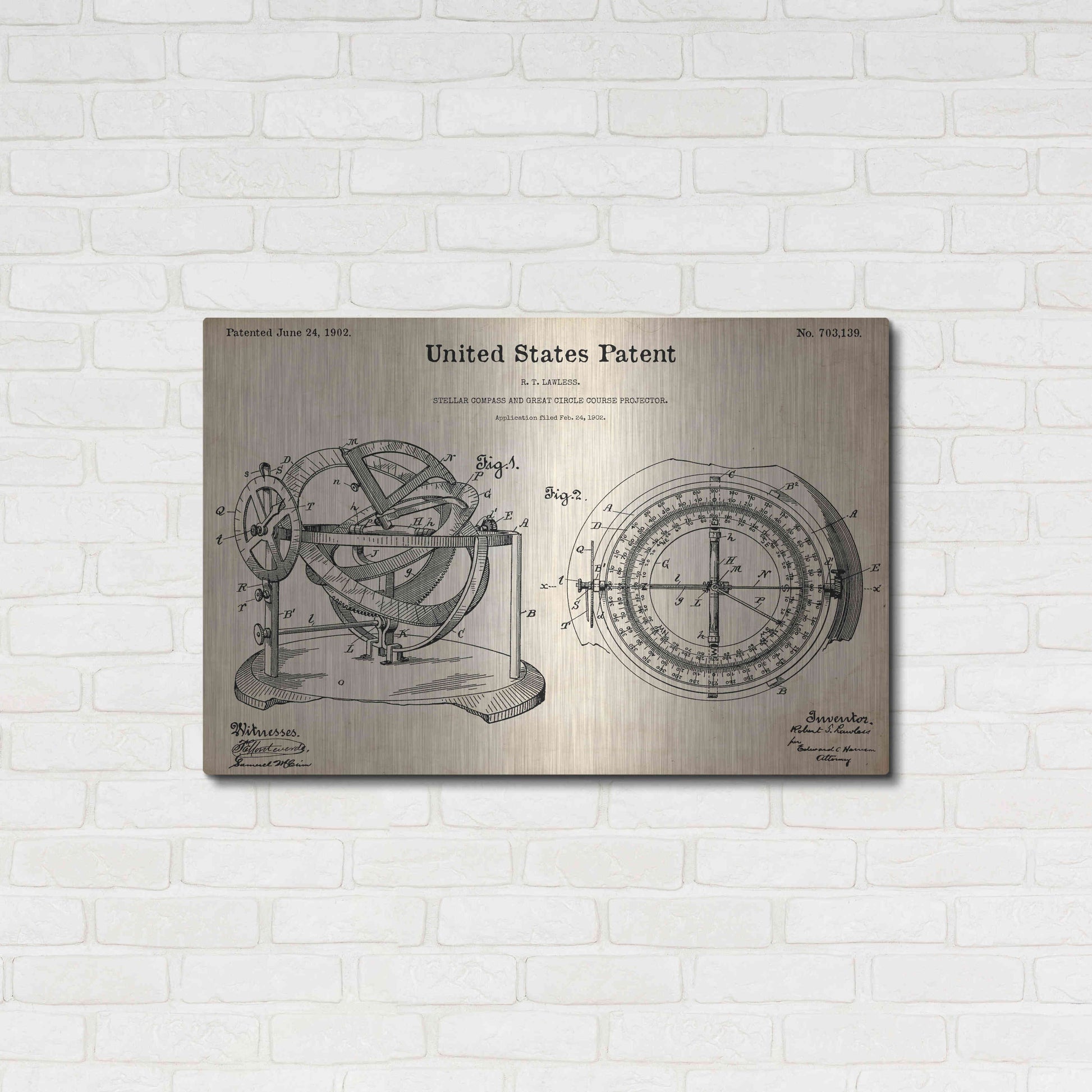 Luxe Metal Art 'Stellar Compass Blueprint Patent Parchment,' Metal Wall Art,36x24