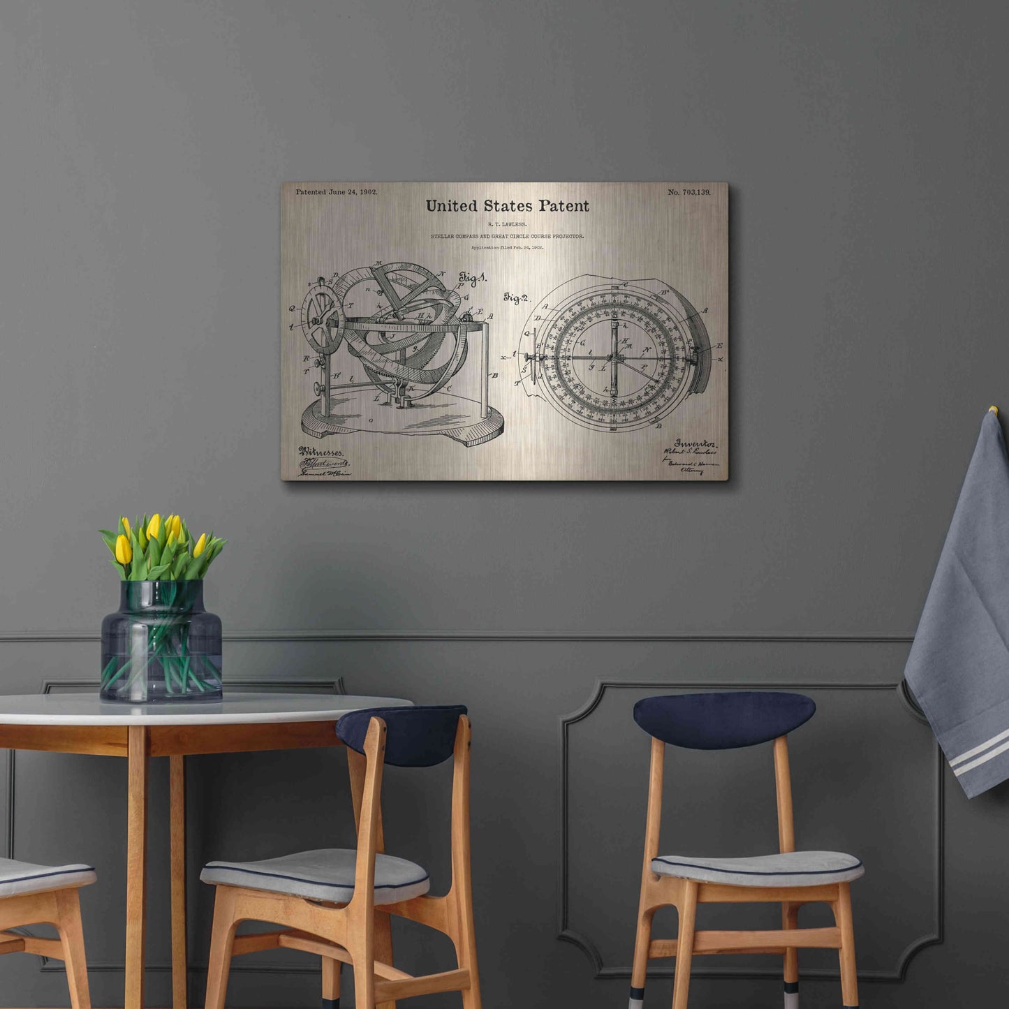 Luxe Metal Art 'Stellar Compass Blueprint Patent Parchment,' Metal Wall Art,36x24