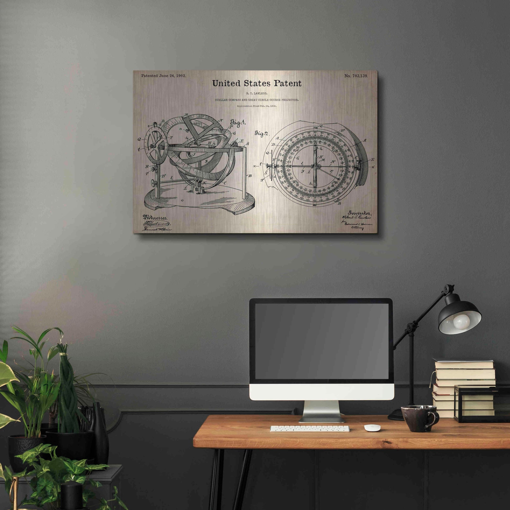 Luxe Metal Art 'Stellar Compass Blueprint Patent Parchment,' Metal Wall Art,36x24