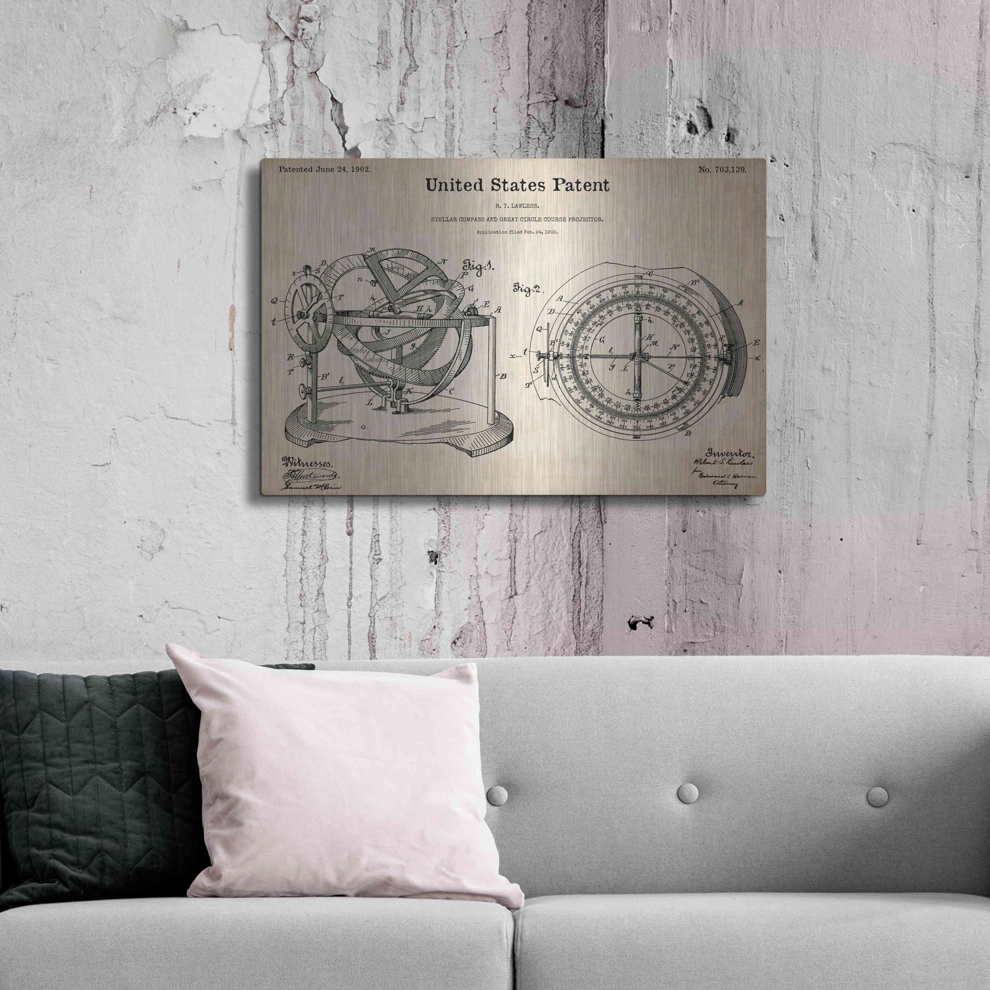 Luxe Metal Art 'Stellar Compass Blueprint Patent Parchment,' Metal Wall Art,36x24