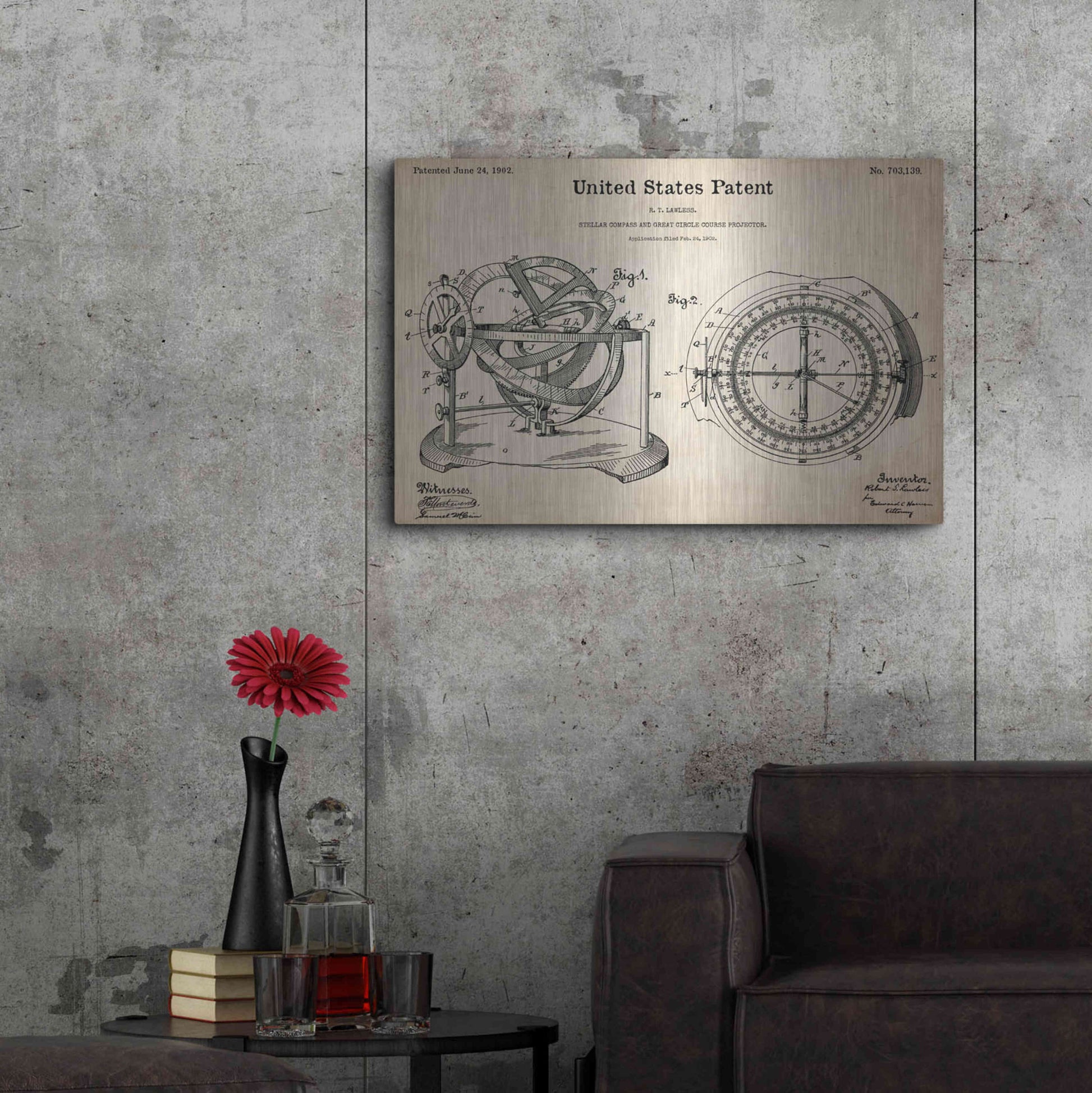 Luxe Metal Art 'Stellar Compass Blueprint Patent Parchment,' Metal Wall Art,36x24