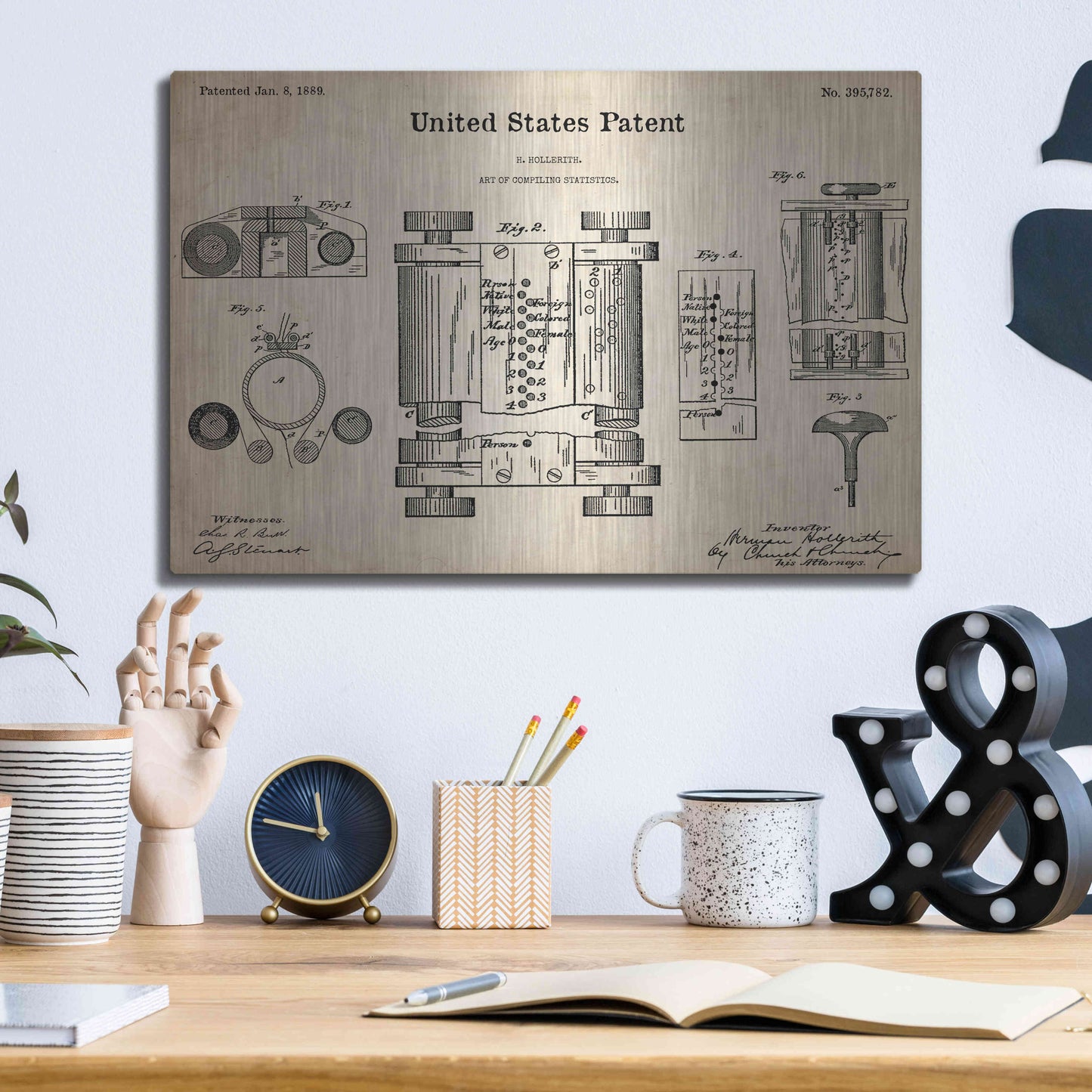 Luxe Metal Art 'Tubular Machine Blueprint Patent Parchment,' Metal Wall Art,16x12