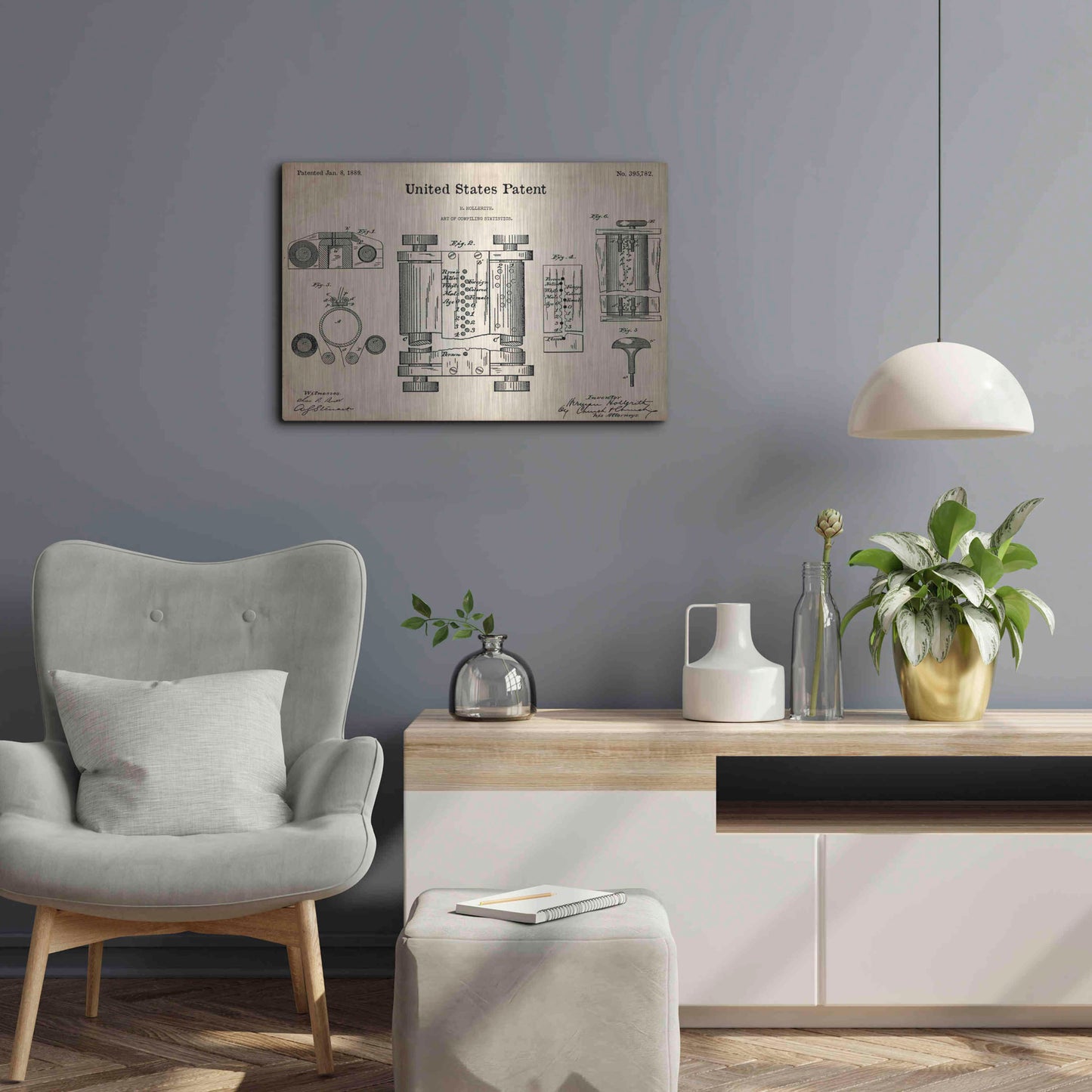 Luxe Metal Art 'Tubular Machine Blueprint Patent Parchment,' Metal Wall Art,24x16