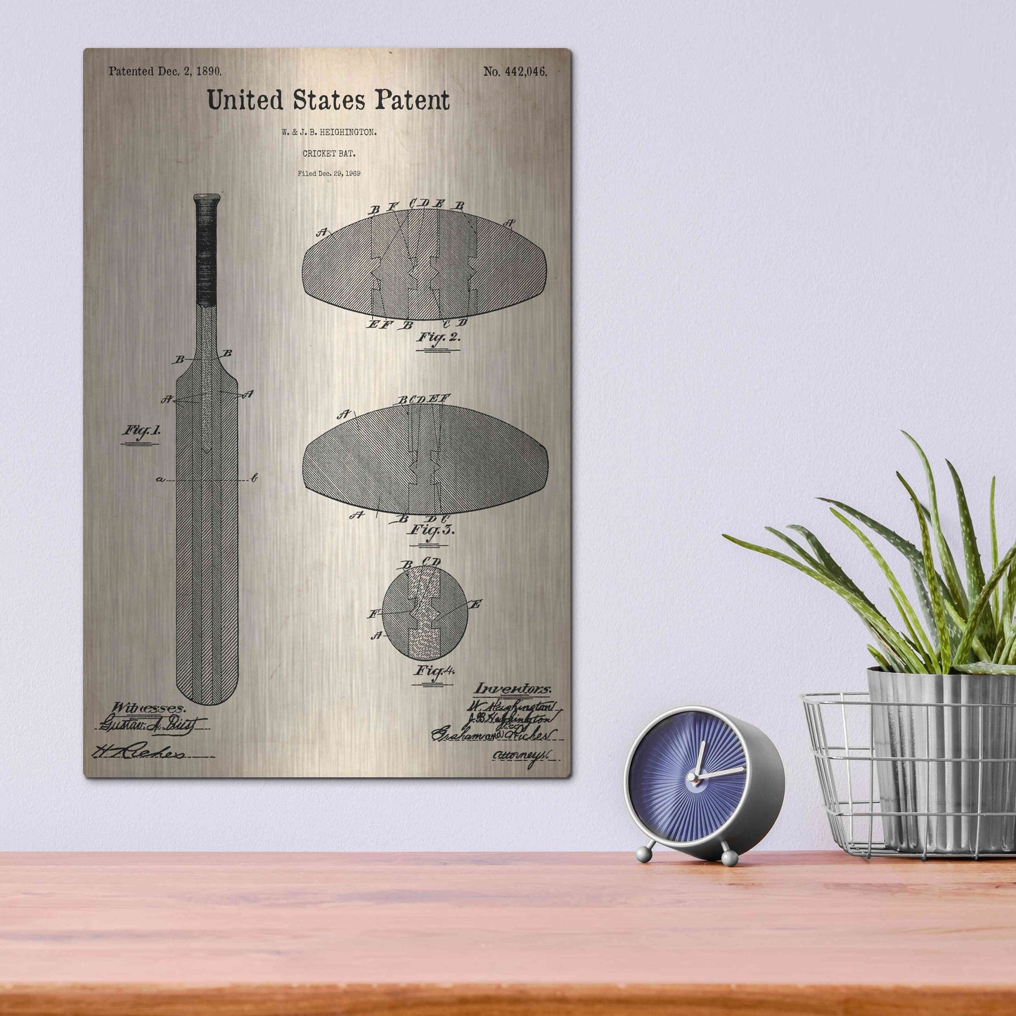 Luxe Metal Art 'Cricket Bat Blueprint Patent Parchment,' Metal Wall Art,12x16