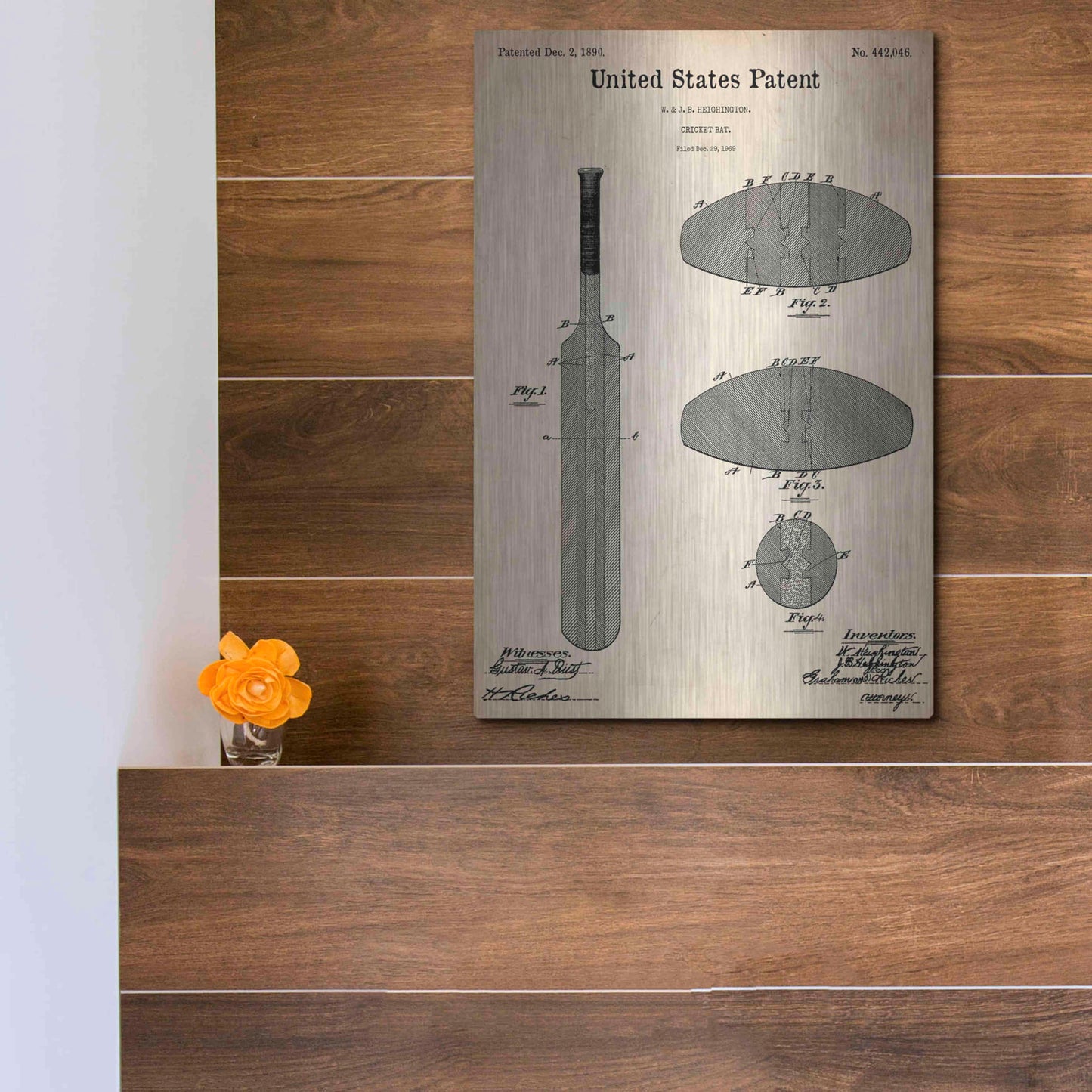 Luxe Metal Art 'Cricket Bat Blueprint Patent Parchment,' Metal Wall Art,12x16