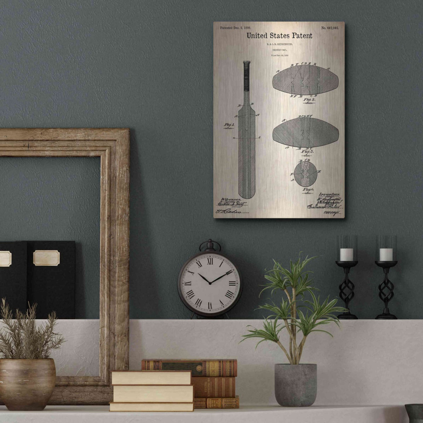 Luxe Metal Art 'Cricket Bat Blueprint Patent Parchment,' Metal Wall Art,12x16