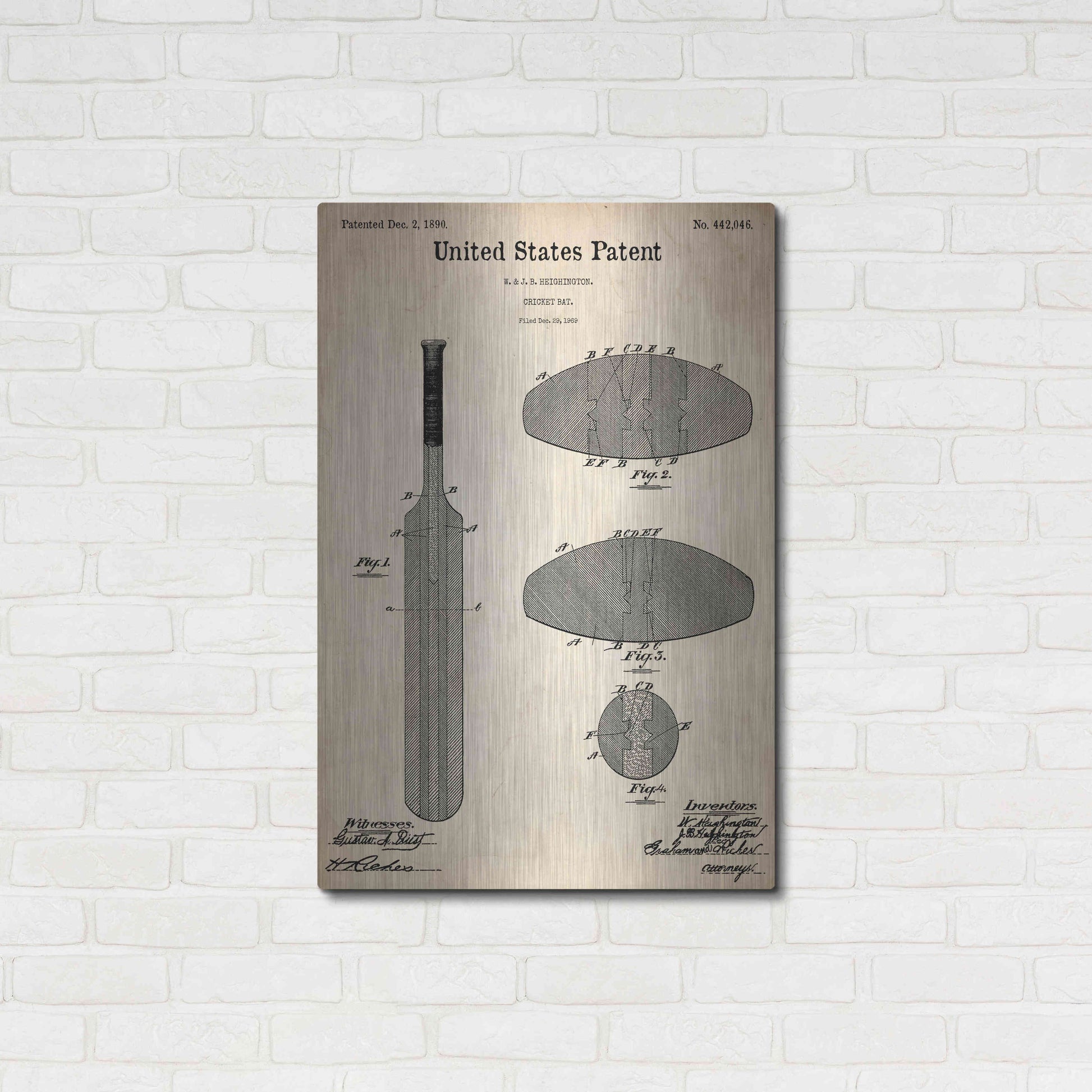 Luxe Metal Art 'Cricket Bat Blueprint Patent Parchment,' Metal Wall Art,24x36