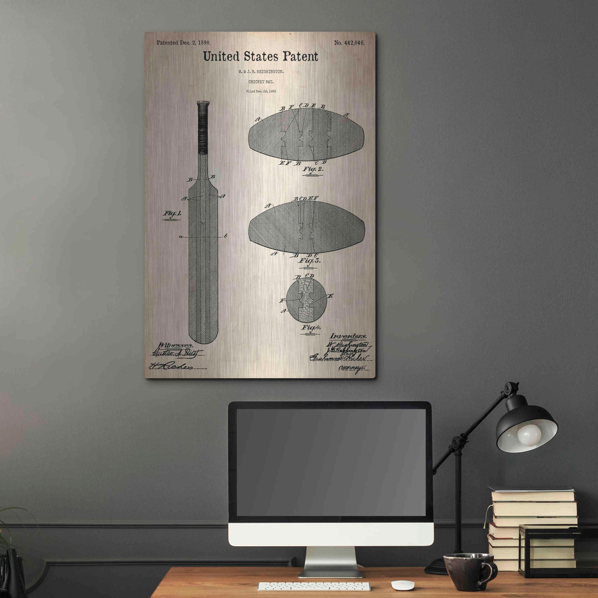 Luxe Metal Art 'Cricket Bat Blueprint Patent Parchment,' Metal Wall Art,24x36