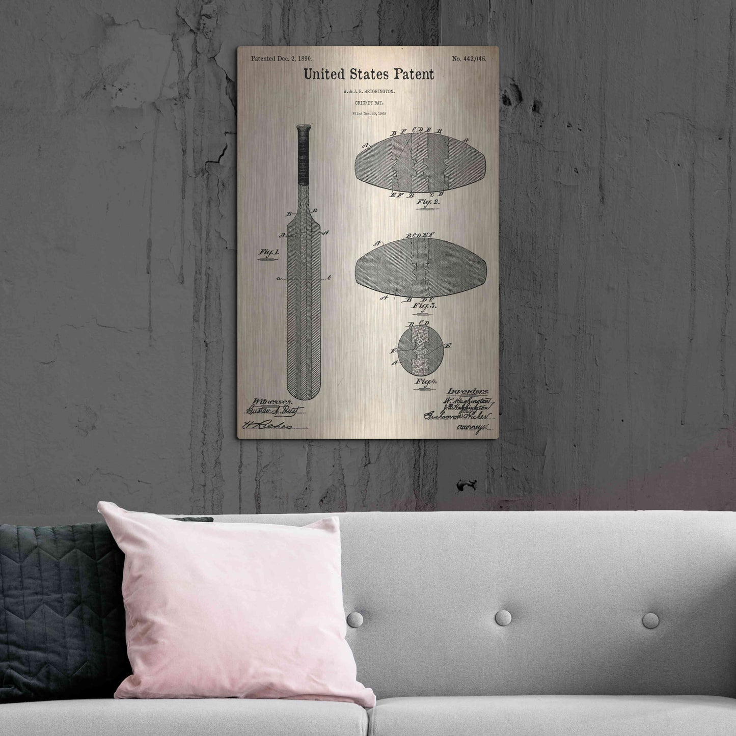 Luxe Metal Art 'Cricket Bat Blueprint Patent Parchment,' Metal Wall Art,24x36