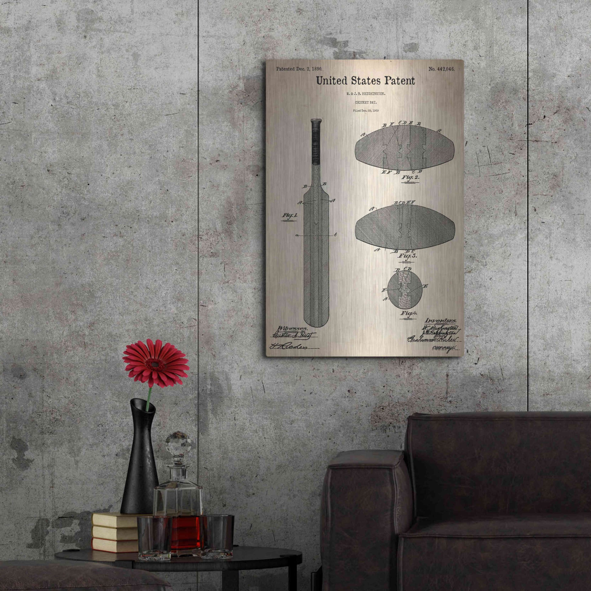 Luxe Metal Art 'Cricket Bat Blueprint Patent Parchment,' Metal Wall Art,24x36