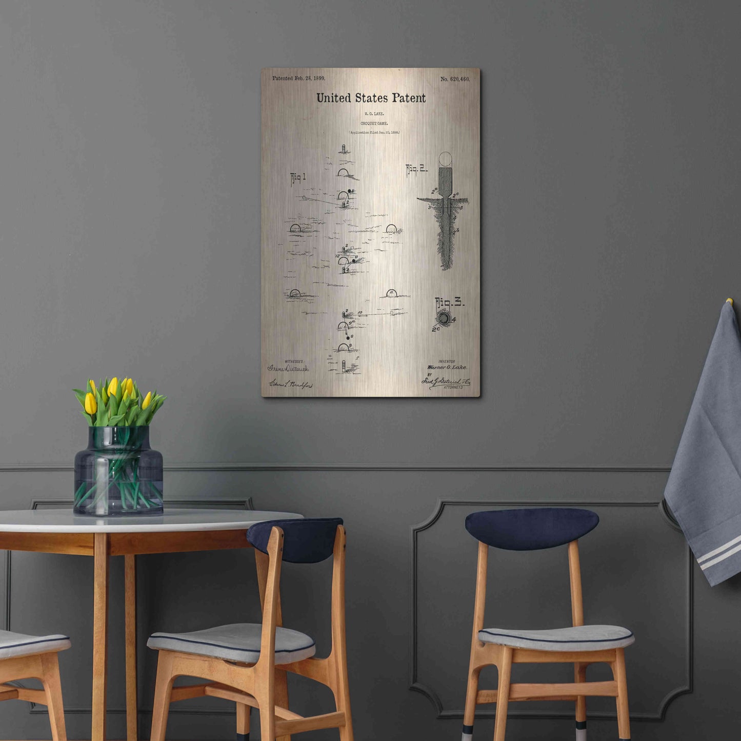 Luxe Metal Art 'Croquet Blueprint Patent Parchment,' Metal Wall Art,24x36