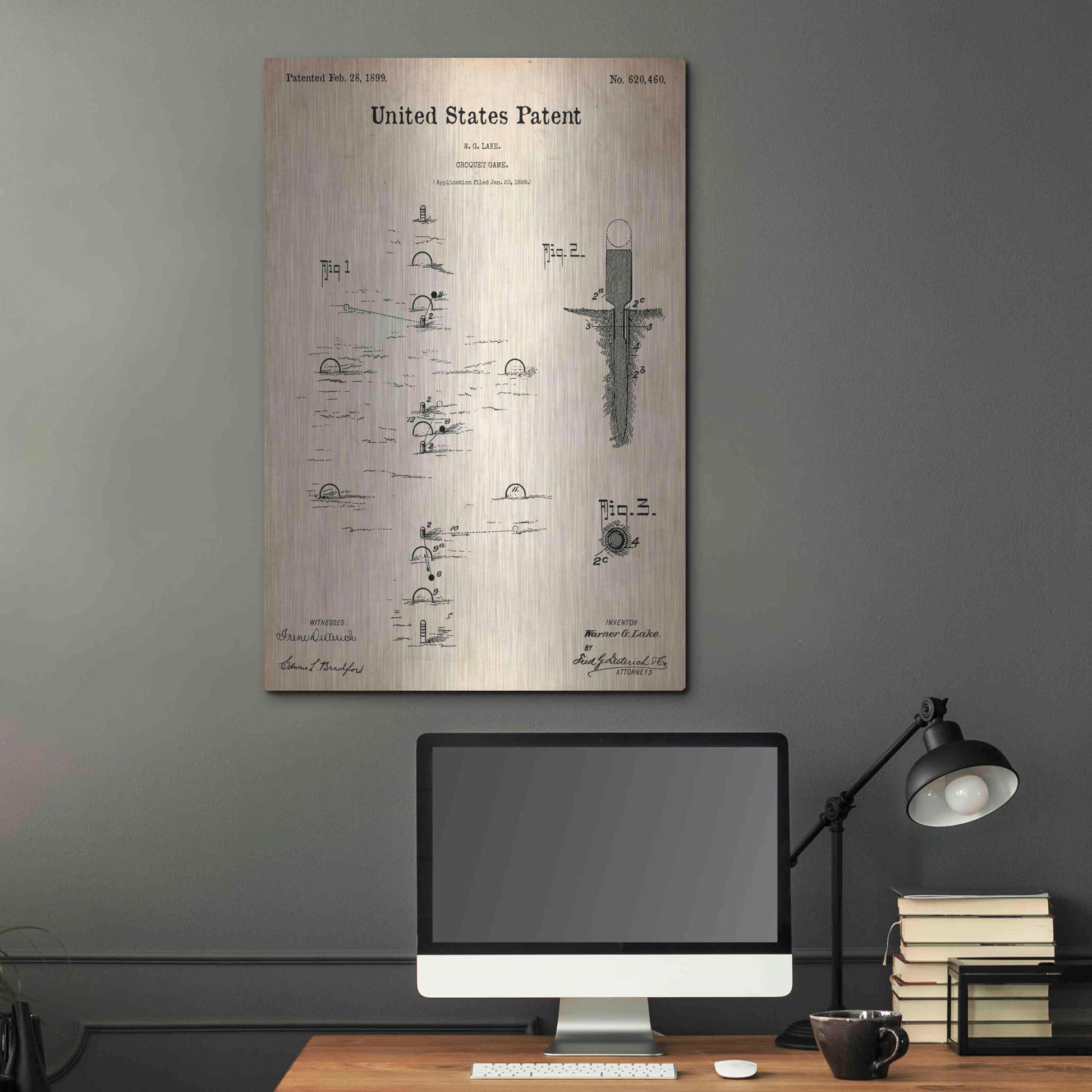 Luxe Metal Art 'Croquet Blueprint Patent Parchment,' Metal Wall Art,24x36