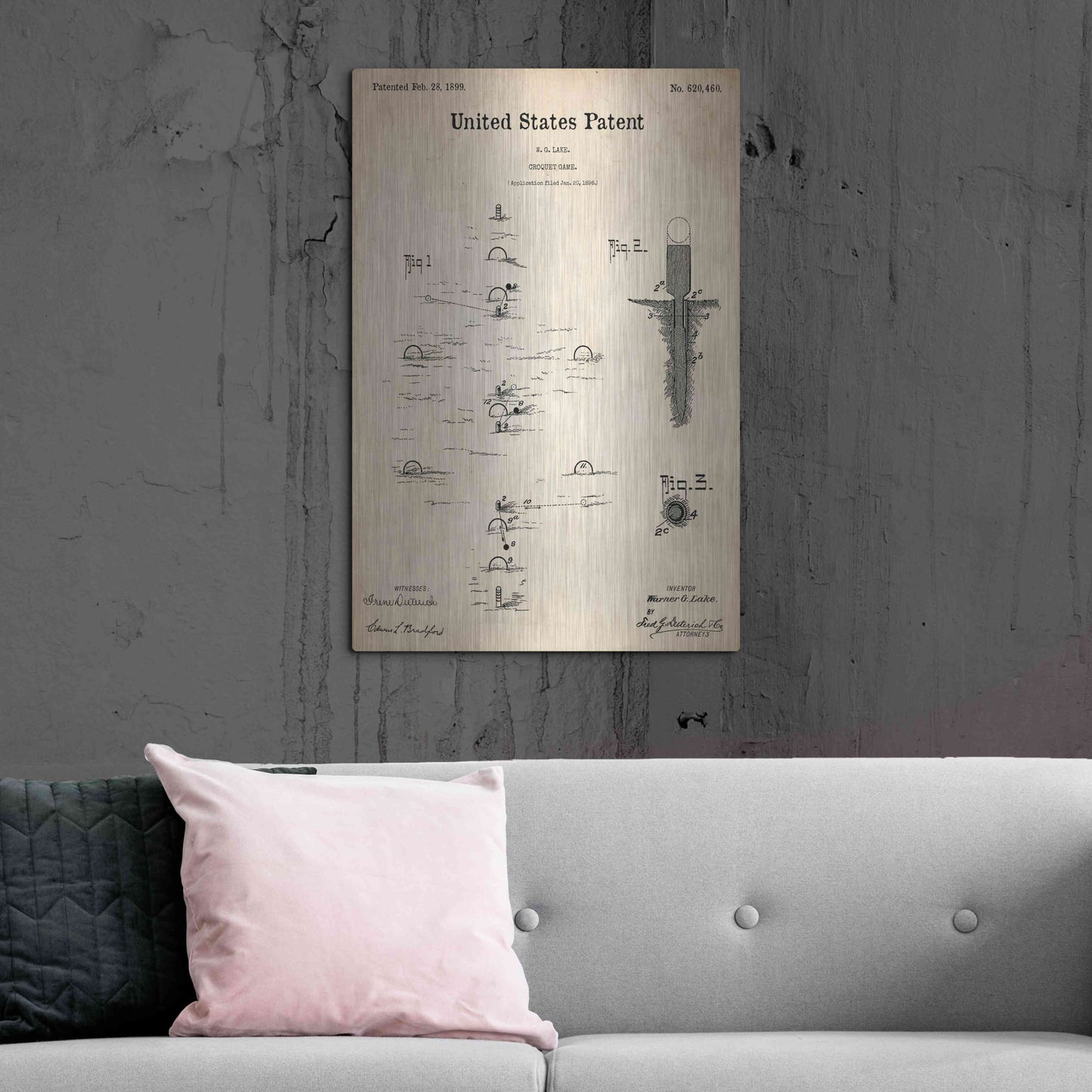 Luxe Metal Art 'Croquet Blueprint Patent Parchment,' Metal Wall Art,24x36