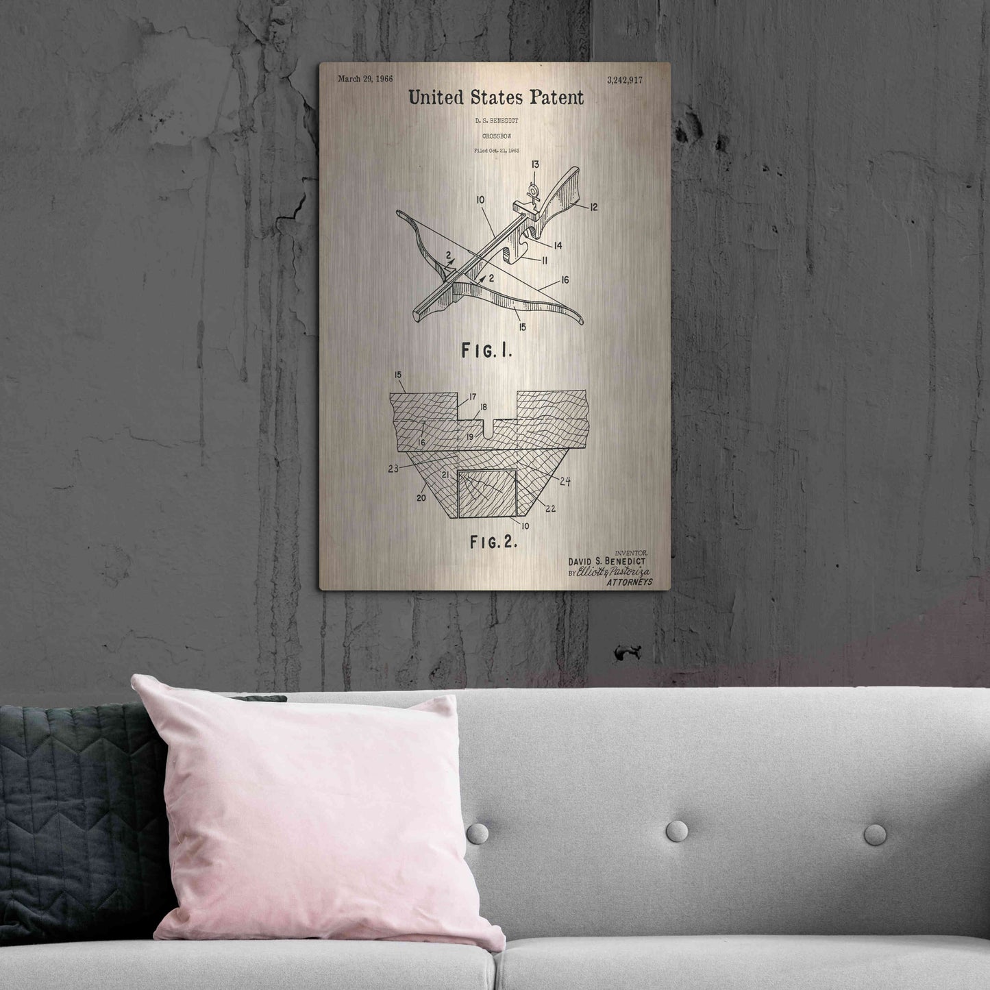 Luxe Metal Art 'Crossbow Blueprint Patent Parchment,' Metal Wall Art,24x36