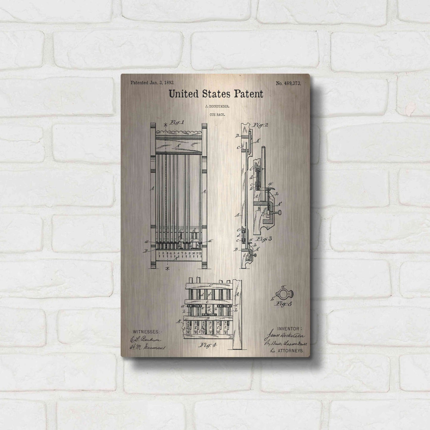 Luxe Metal Art 'Cue Rack Blueprint Patent Parchment,' Metal Wall Art,12x16