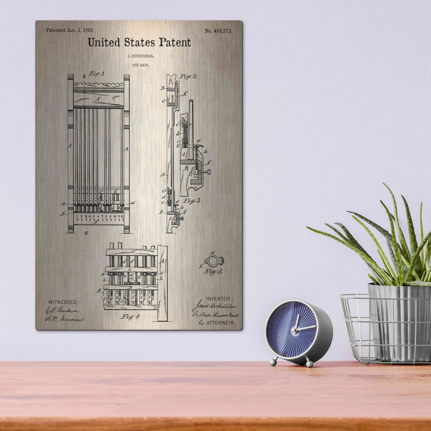 Luxe Metal Art 'Cue Rack Blueprint Patent Parchment,' Metal Wall Art,12x16