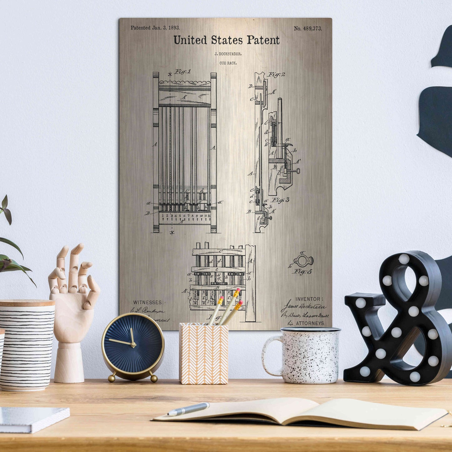 Luxe Metal Art 'Cue Rack Blueprint Patent Parchment,' Metal Wall Art,12x16