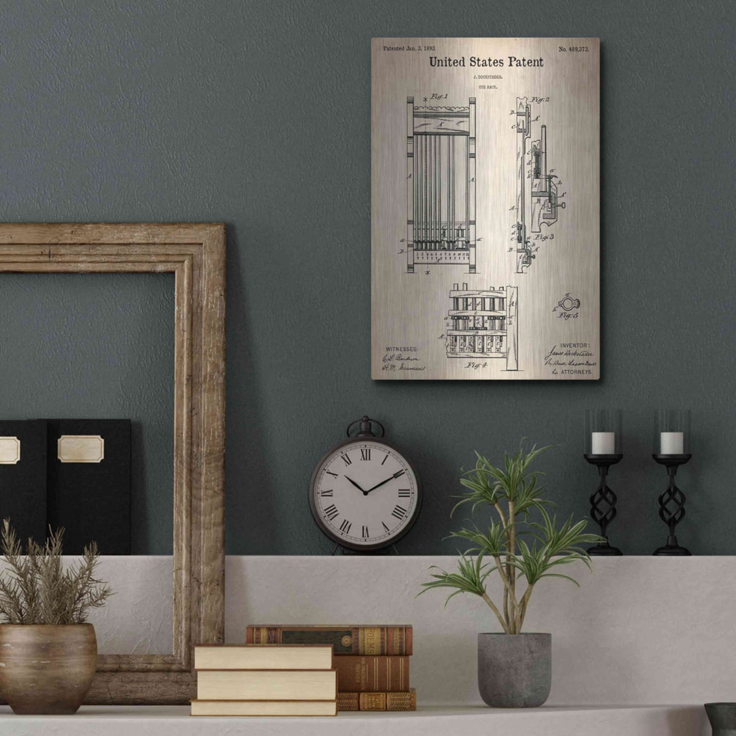 Luxe Metal Art 'Cue Rack Blueprint Patent Parchment,' Metal Wall Art,12x16