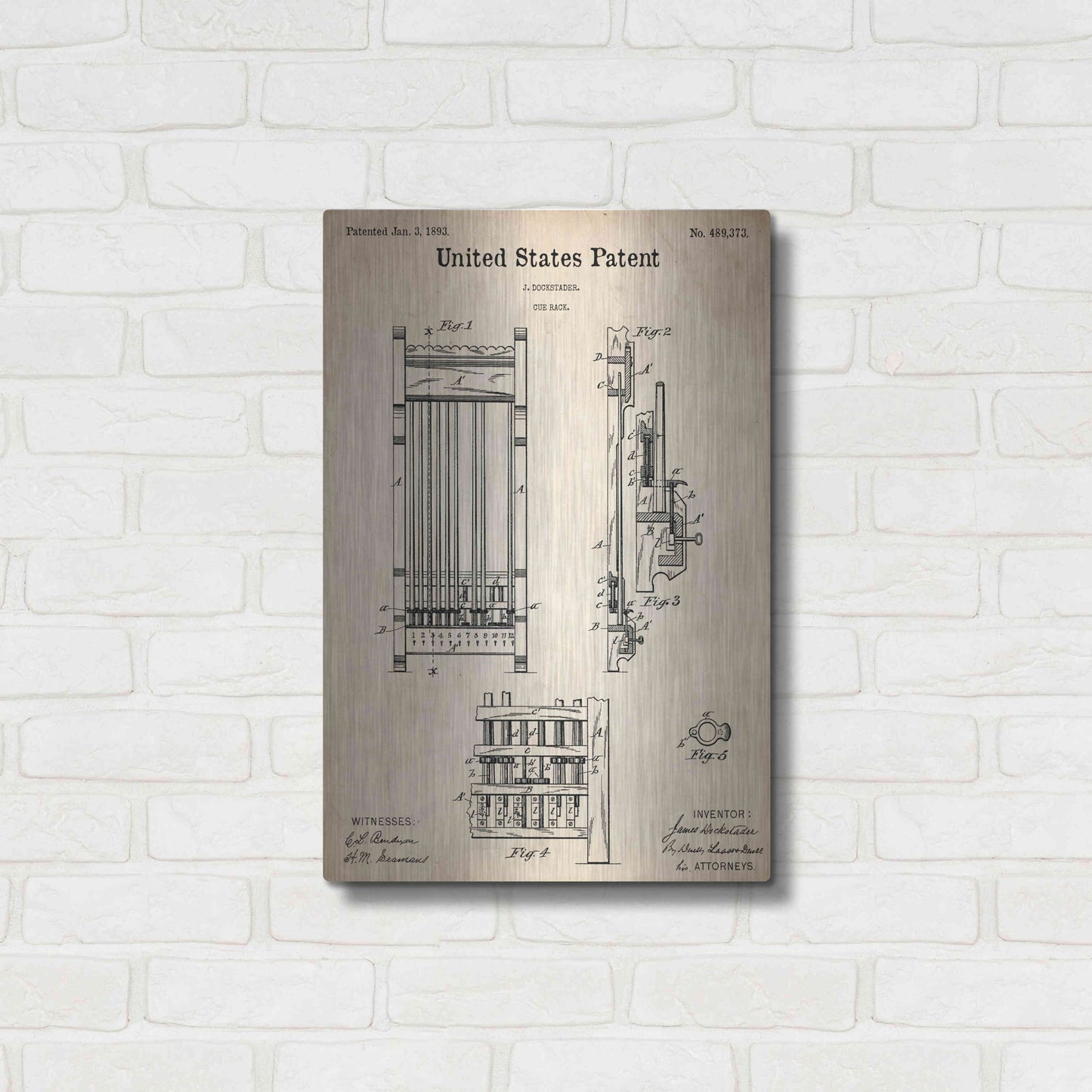 Luxe Metal Art 'Cue Rack Blueprint Patent Parchment,' Metal Wall Art,16x24