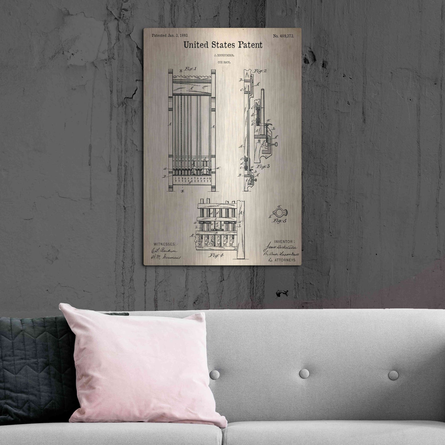 Luxe Metal Art 'Cue Rack Blueprint Patent Parchment,' Metal Wall Art,24x36