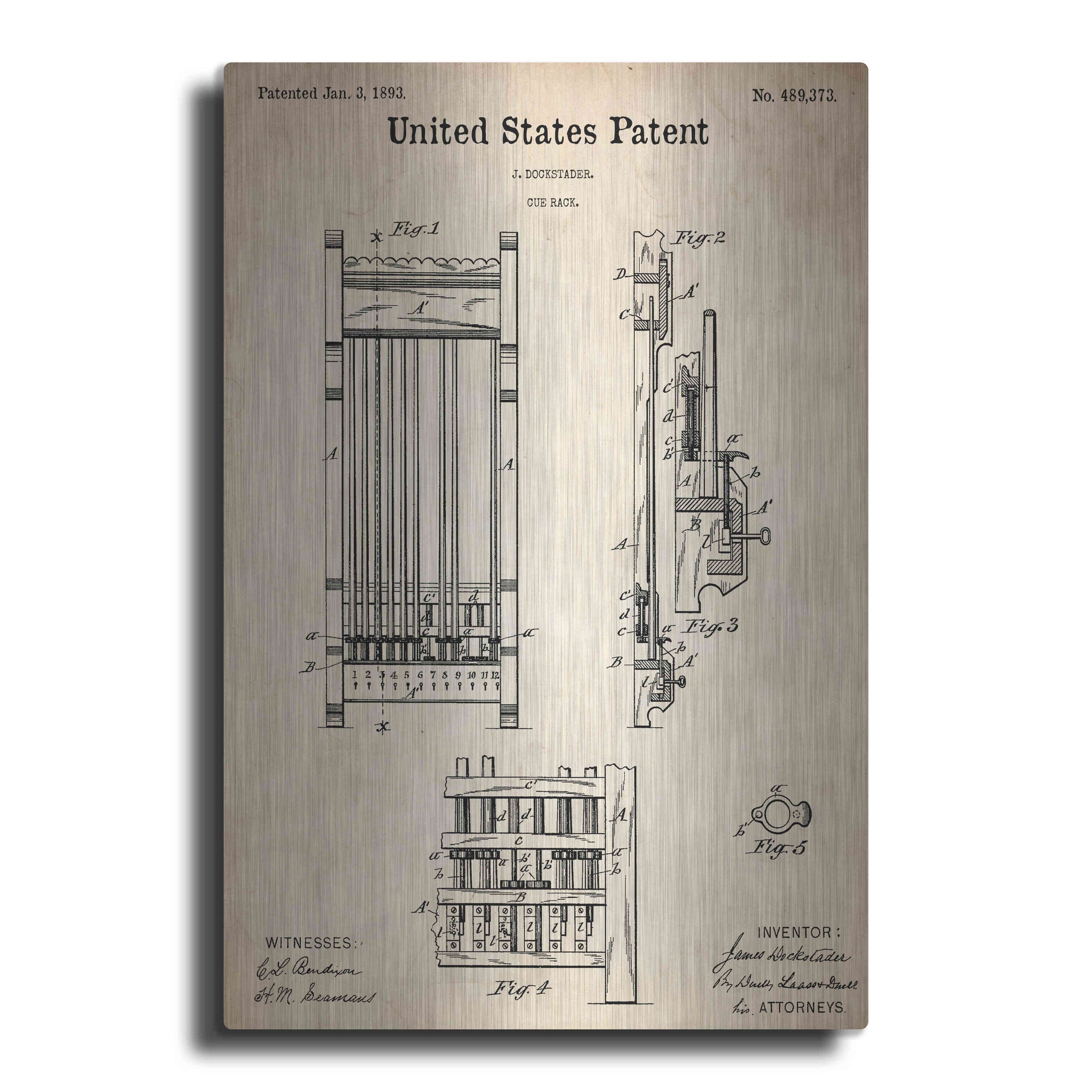 Luxe Metal Art 'Cue Rack Blueprint Patent Parchment,' Metal Wall Art