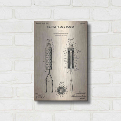 Luxe Metal Art 'Curling Iron Blueprint Patent Parchment,' Metal Wall Art,12x16