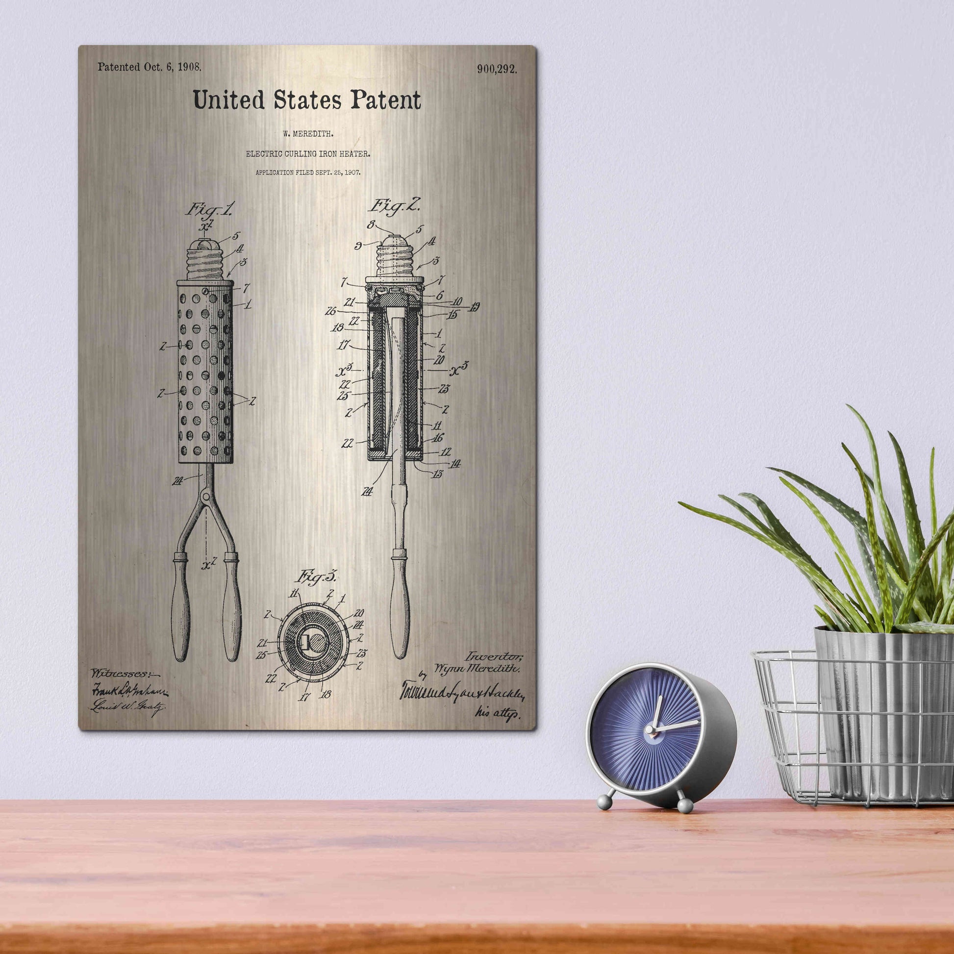 Luxe Metal Art 'Curling Iron Blueprint Patent Parchment,' Metal Wall Art,12x16