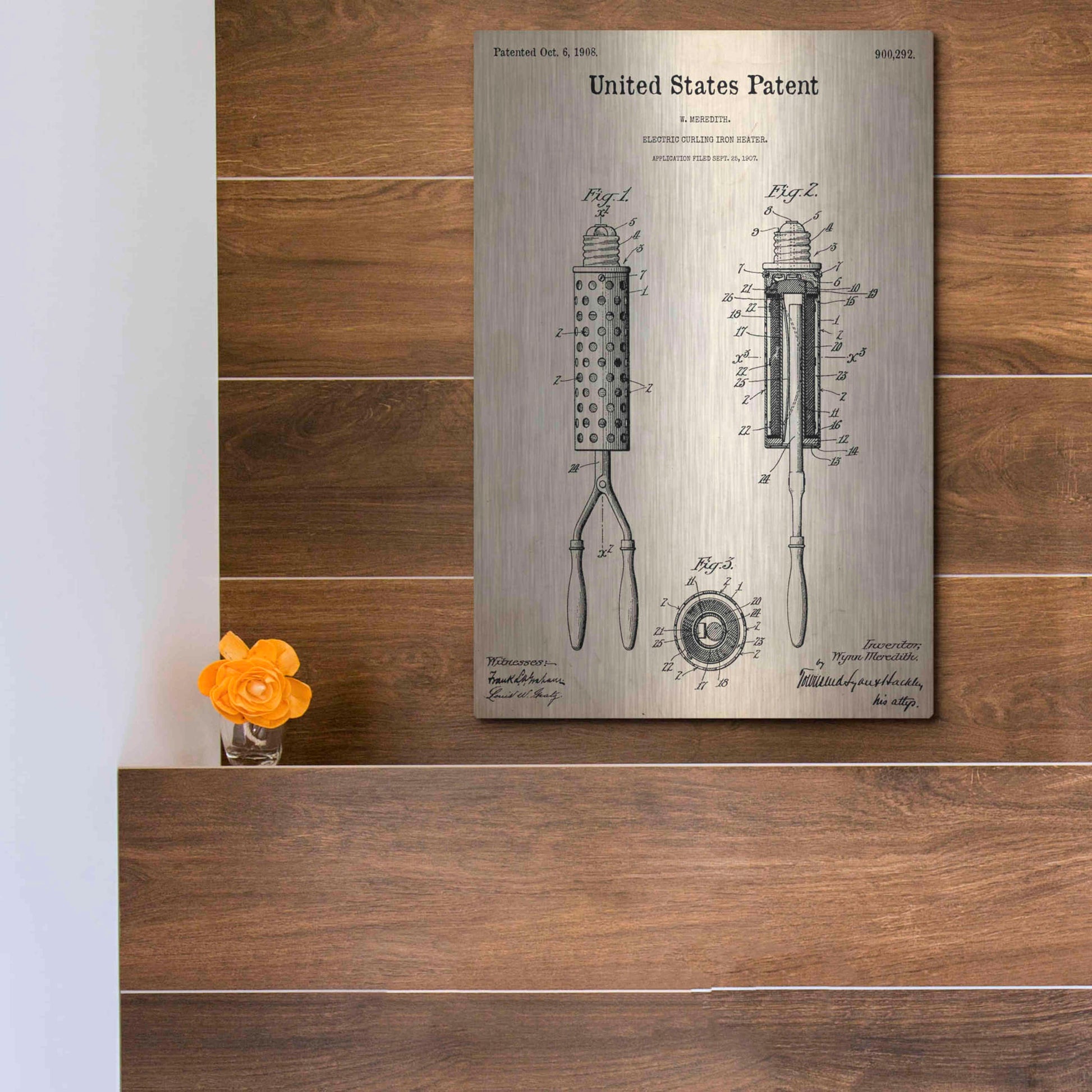 Luxe Metal Art 'Curling Iron Blueprint Patent Parchment,' Metal Wall Art,12x16