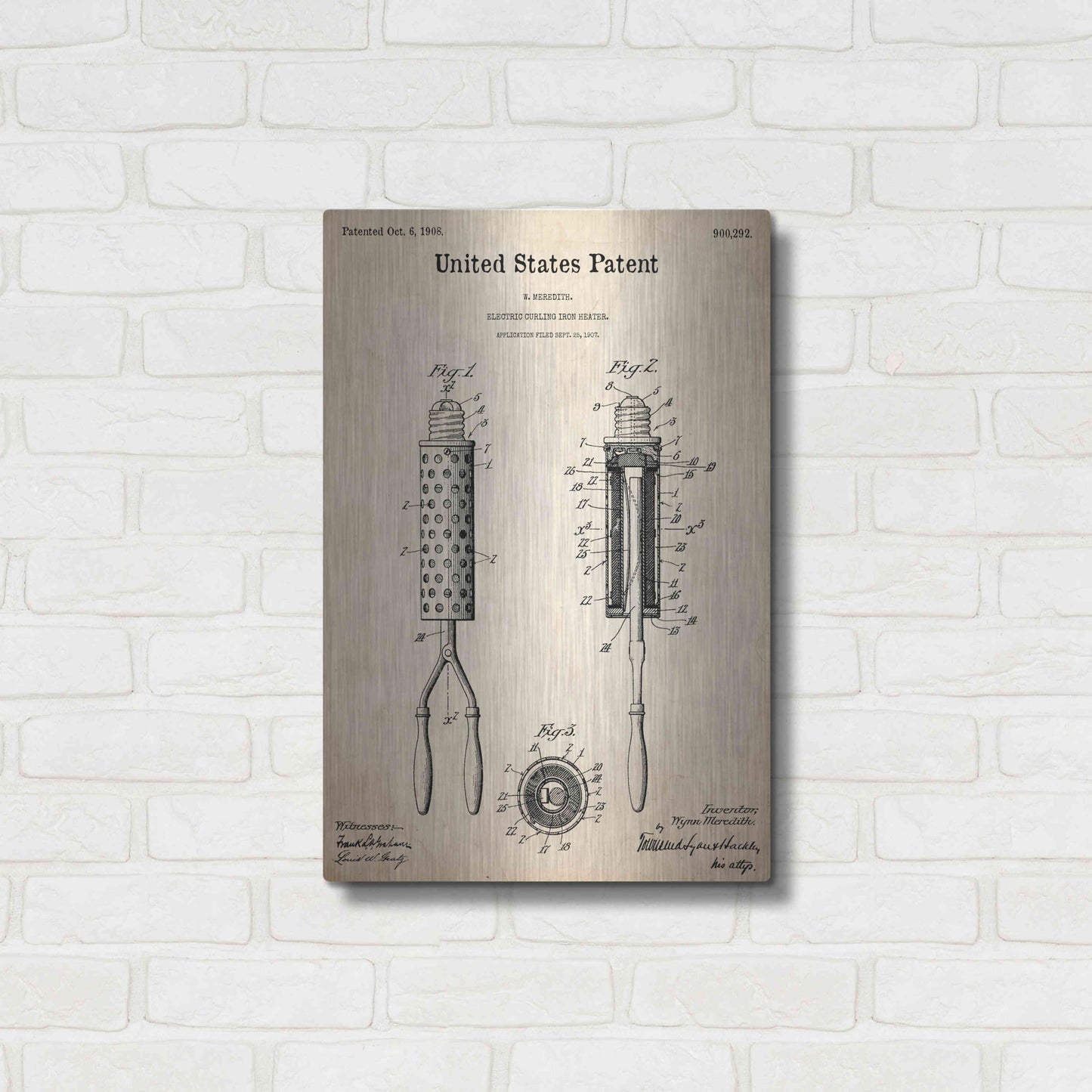 Luxe Metal Art 'Curling Iron Blueprint Patent Parchment,' Metal Wall Art,16x24